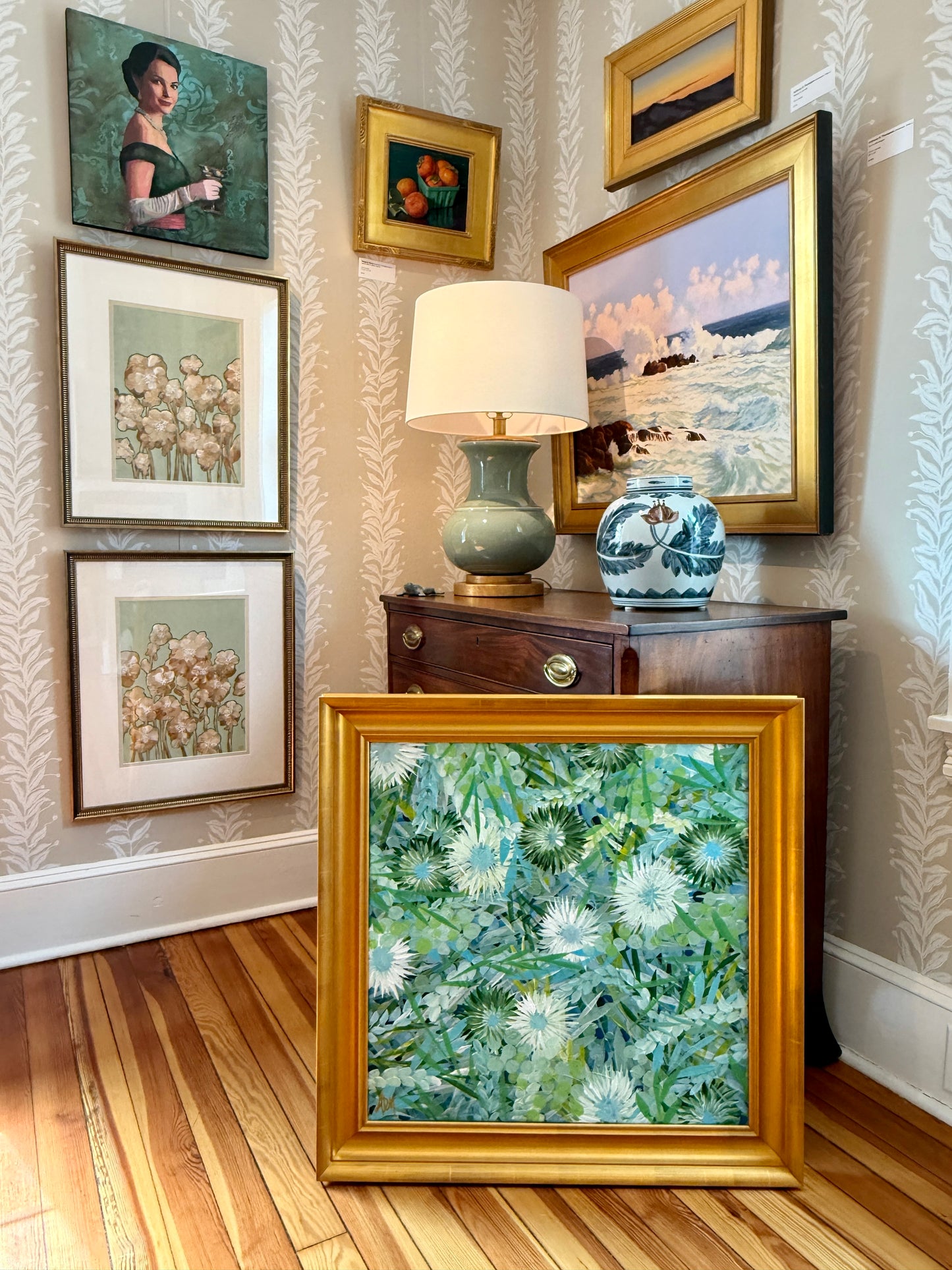 Alison Diamond McElroy Verdant I Abstract Floral Painting in Gold Frame