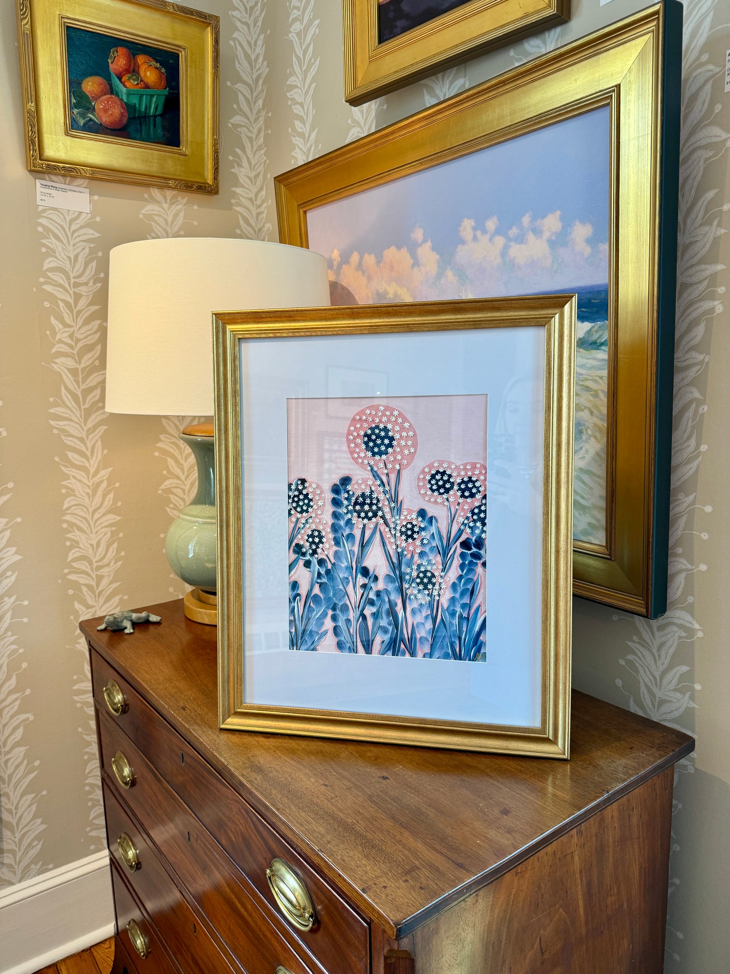 Alison Diamond McElroy Seersucker Summer I Abstract Floral Painting in Gold Frame