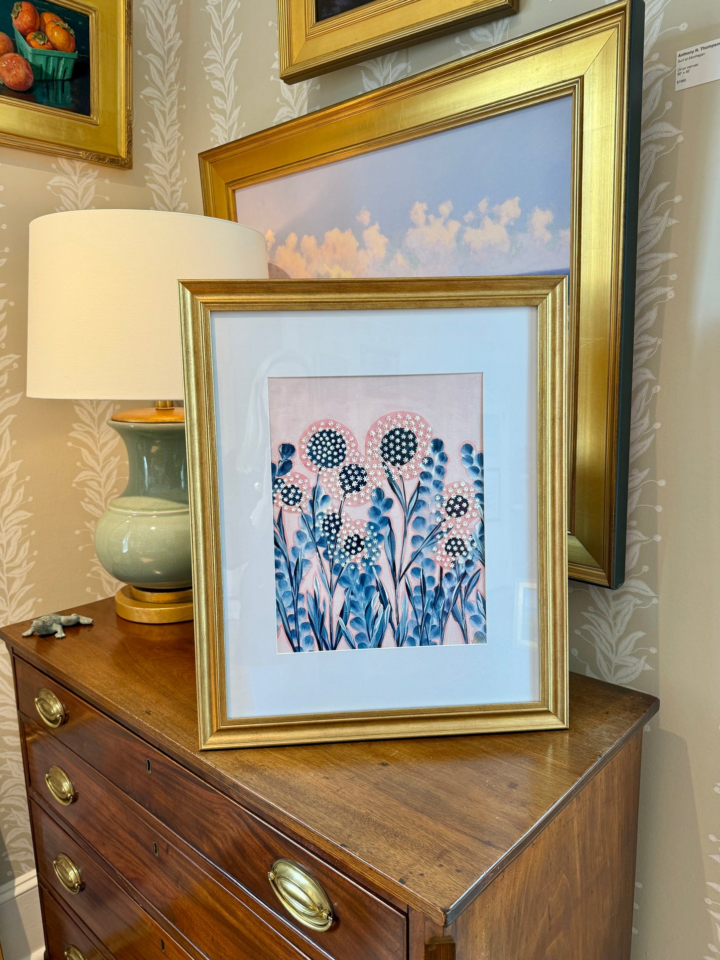 Alison Diamond McElroy Seersucker Summer II Abstract Floral Painting in Gold Frame