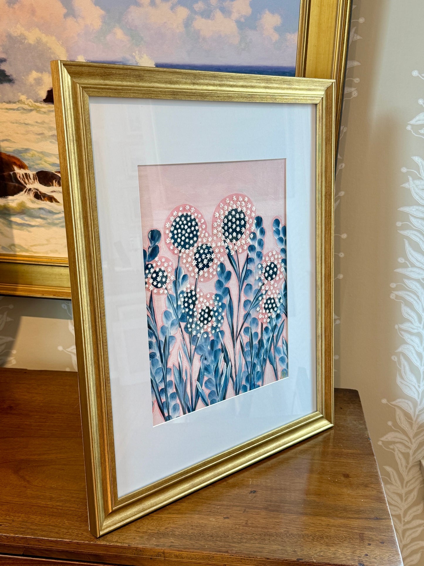 Alison Diamond McElroy Seersucker Summer II Abstract Floral Painting in Gold Frame