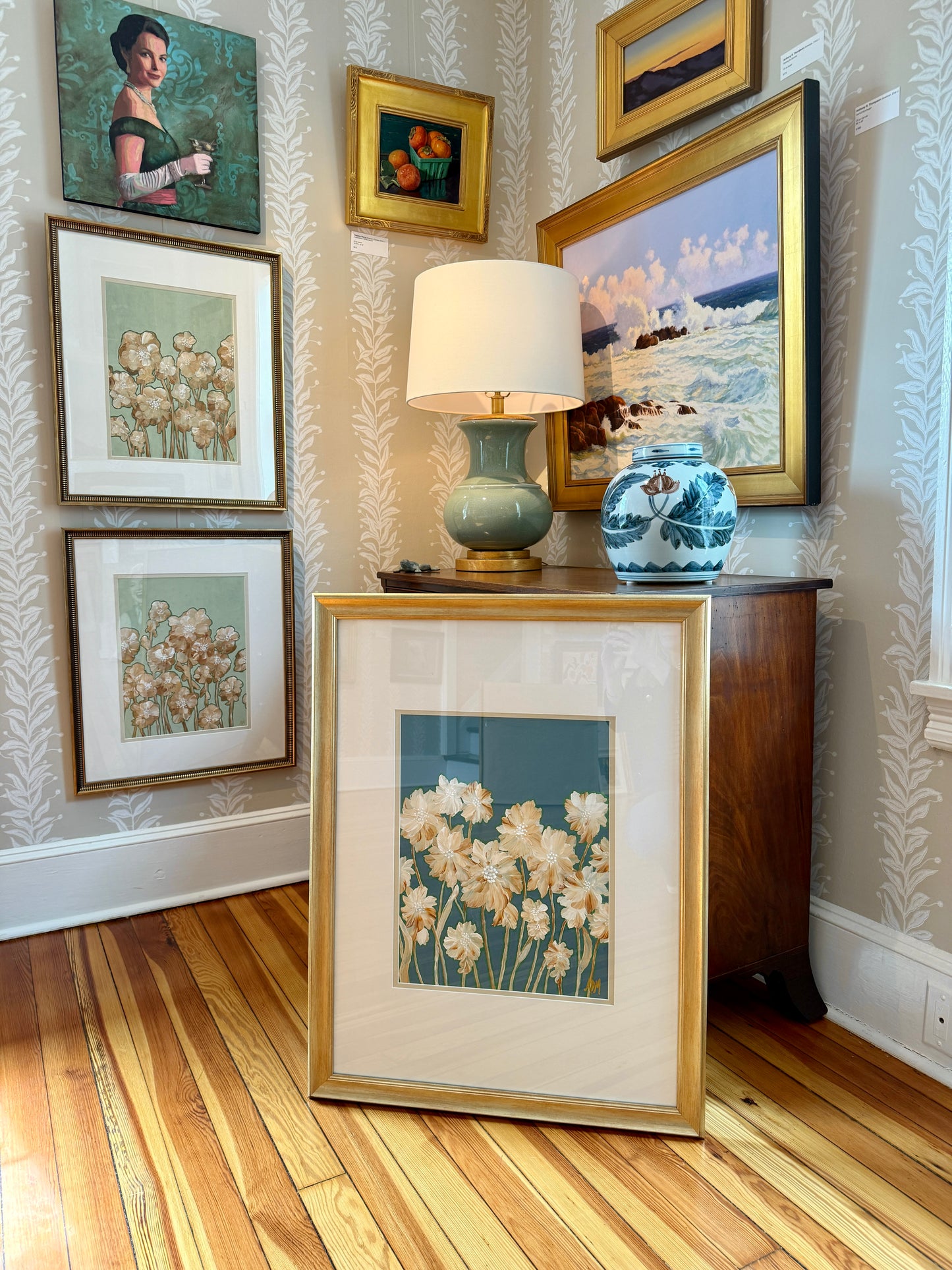 Alison Diamond McElroy After Dusk Abstract Floral Painting in Gold Frame