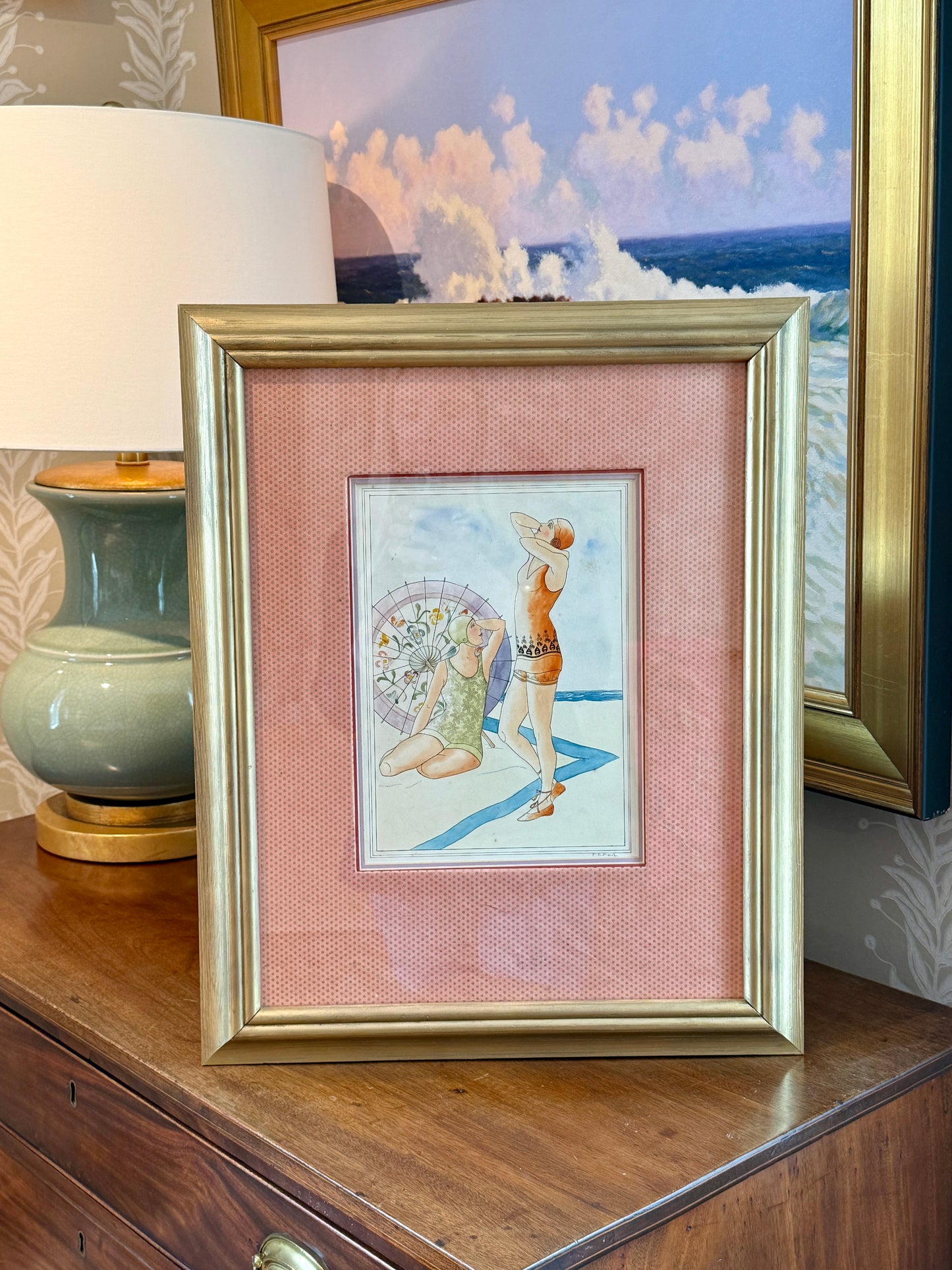 Antique 1920s F.E. Feil Bathing Beauties Swimmers Watercolor Painting in Gold Frame