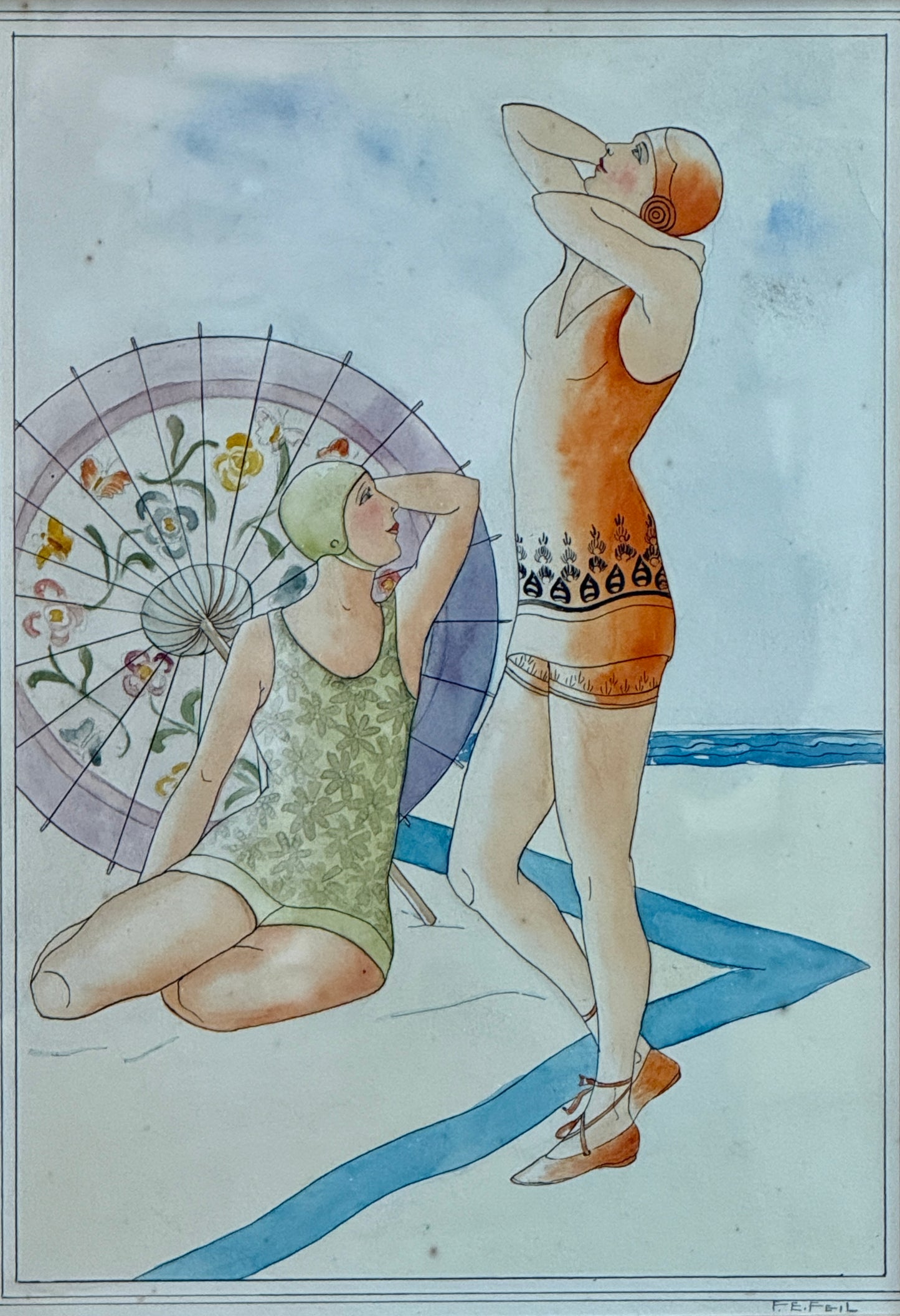 Antique 1920s F.E. Feil Bathing Beauties Swimmers Watercolor Painting in Gold Frame