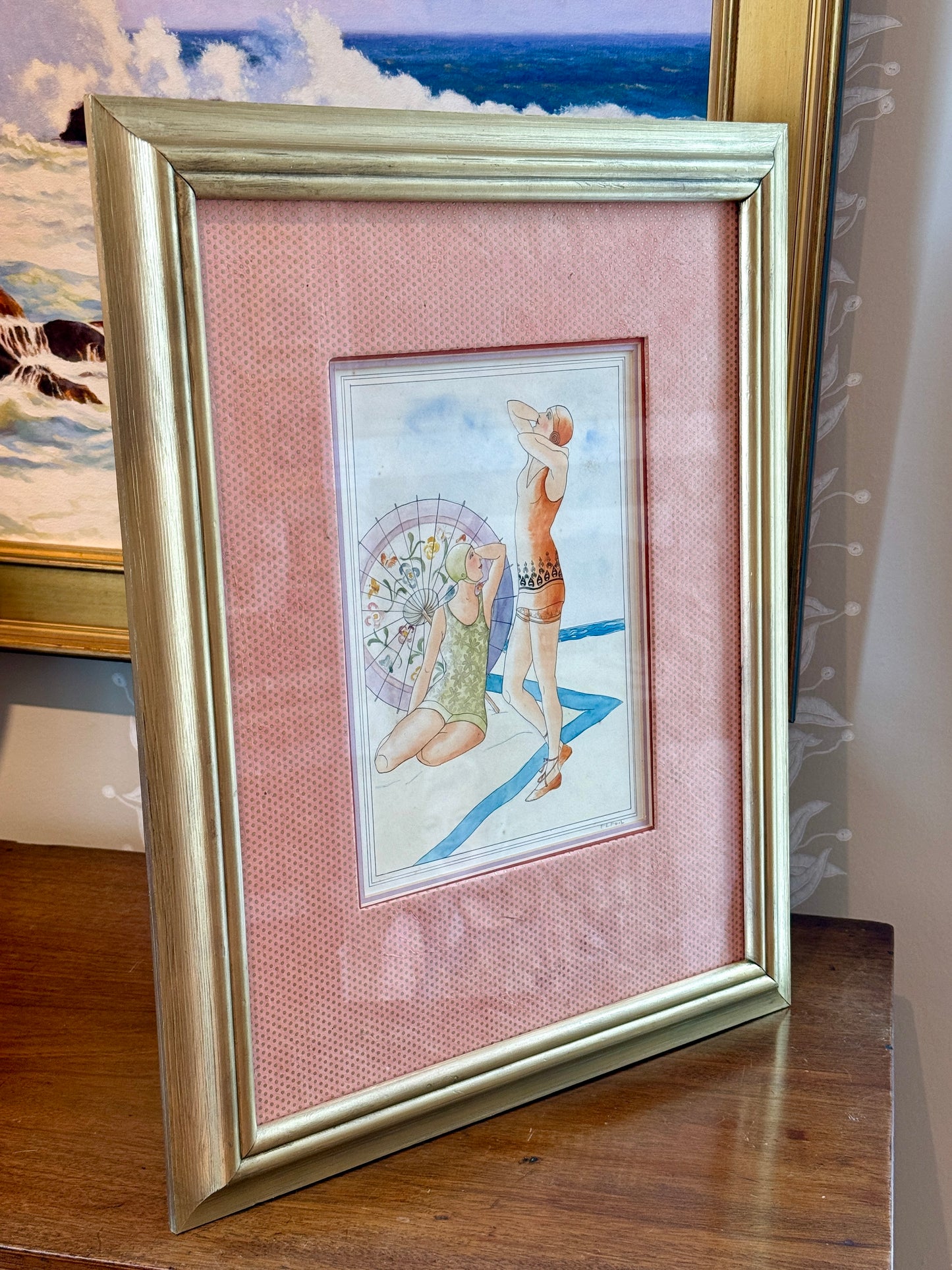 Antique 1920s F.E. Feil Bathing Beauties Swimmers Watercolor Painting in Gold Frame