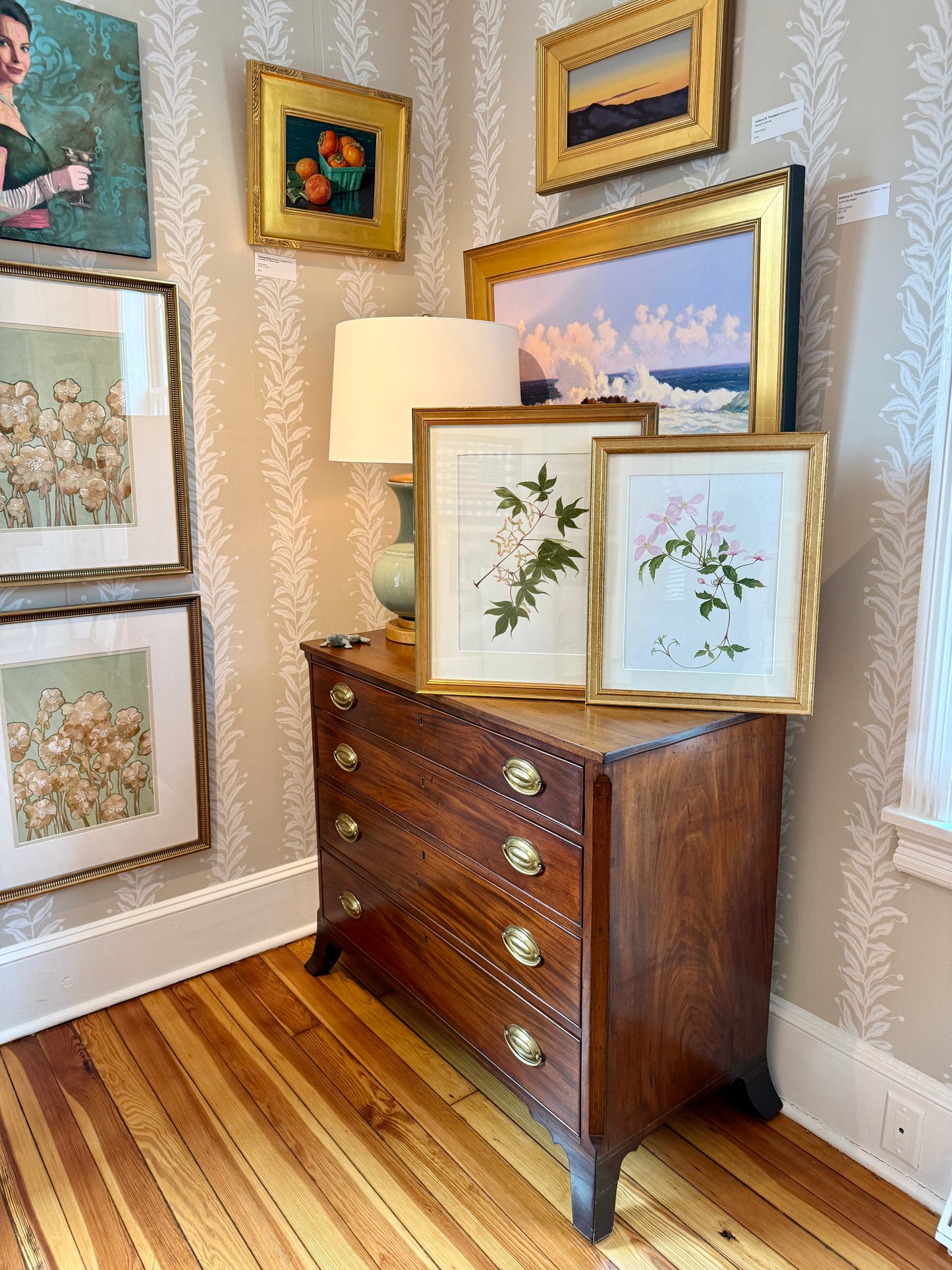 Kathleen Moyra Bellis Maple Branch Botanical Watercolor Painting in Gold Frame