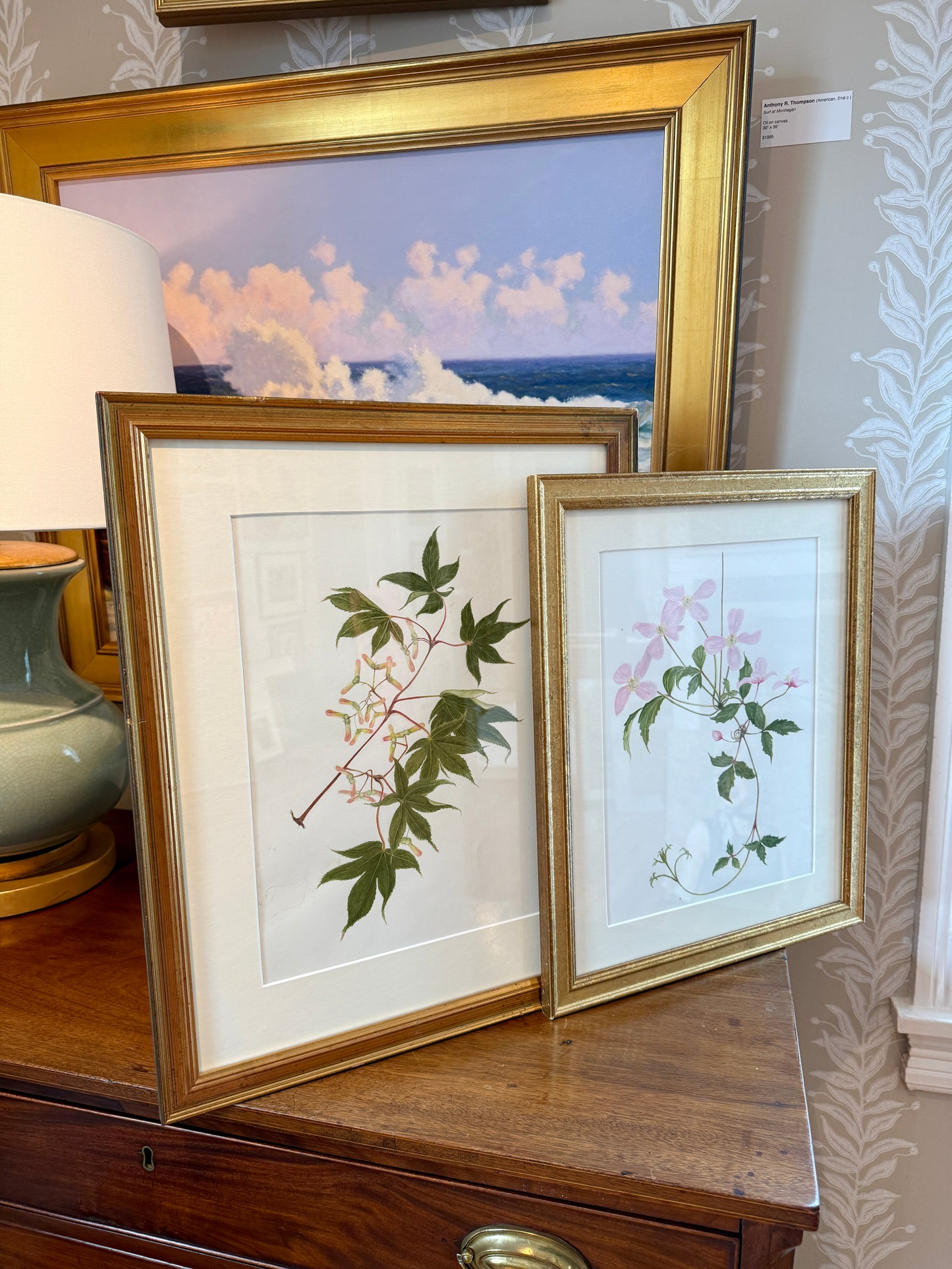 Kathleen Moyra Bellis Maple Branch Botanical Watercolor Painting in Gold Frame