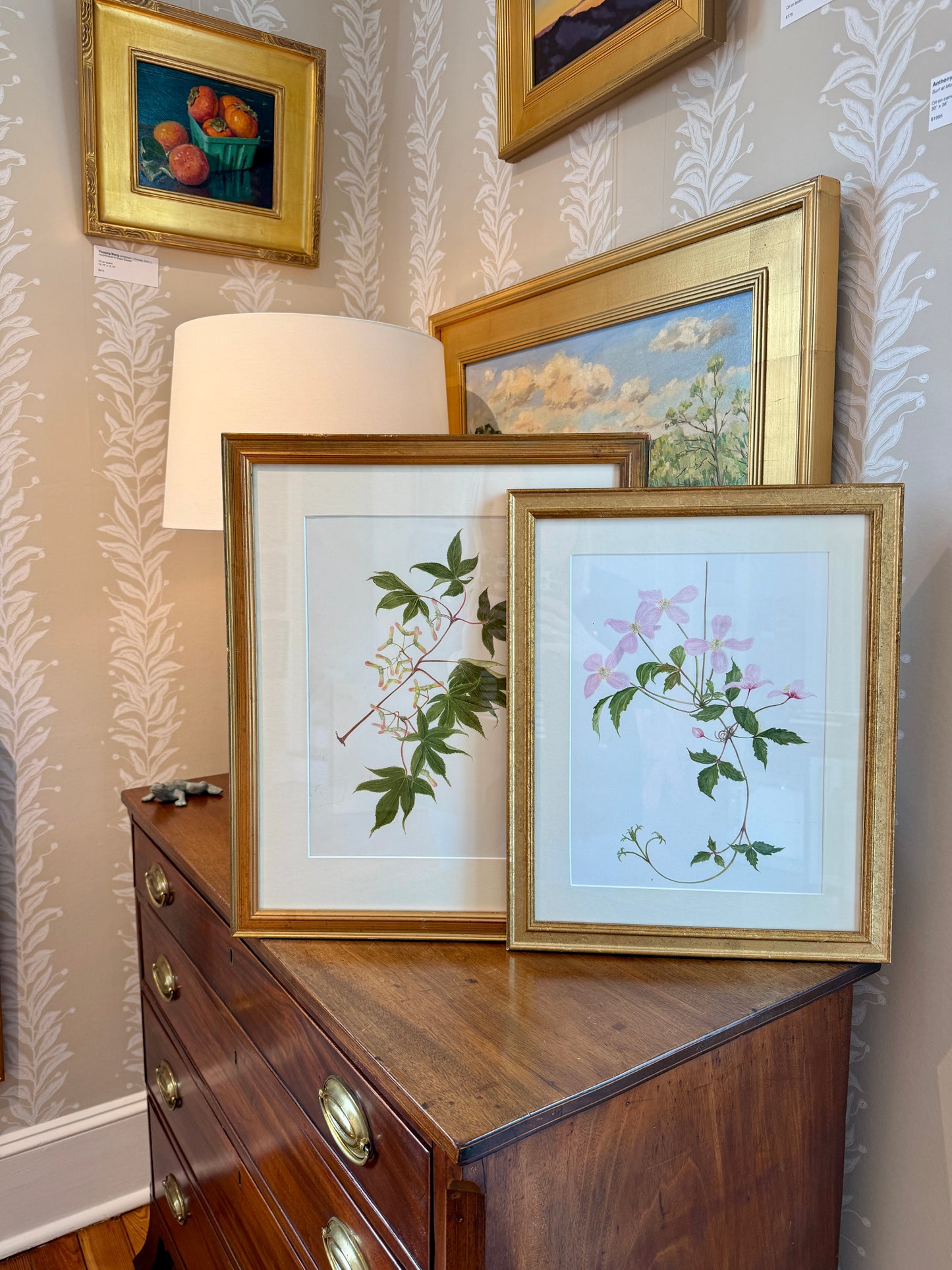 Kathleen Moyra Bellis Maple Branch Botanical Watercolor Painting in Gold Frame
