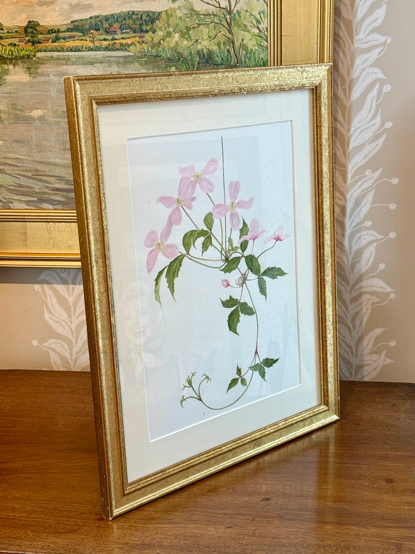 Kathleen Moyra Bellis Pink Clematis Floral Watercolor Painting in Gold Frame