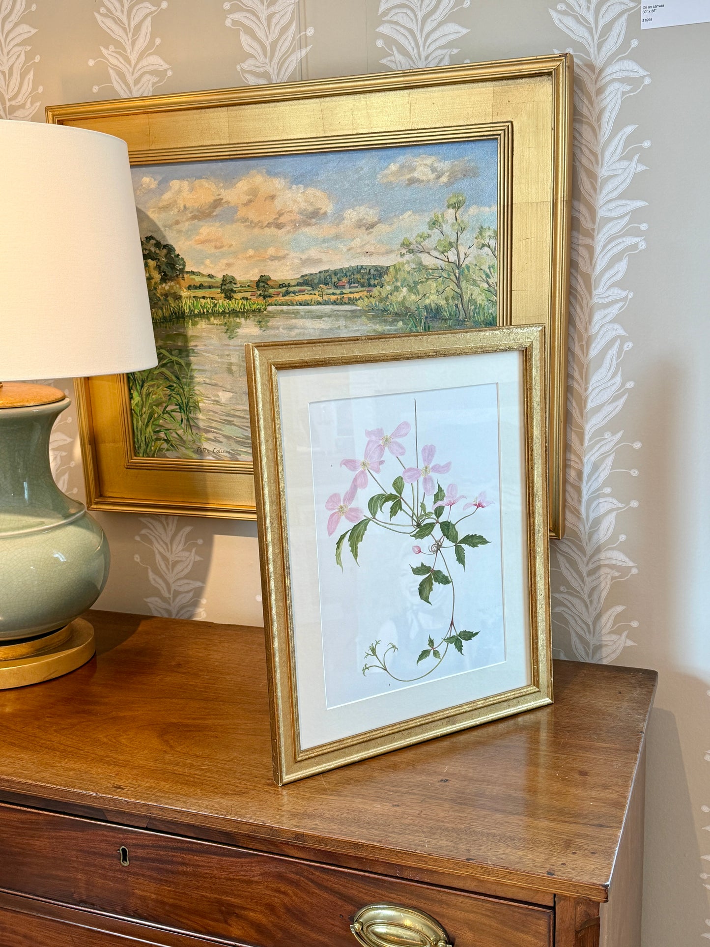 Kathleen Moyra Bellis Pink Clematis Floral Watercolor Painting in Gold Frame