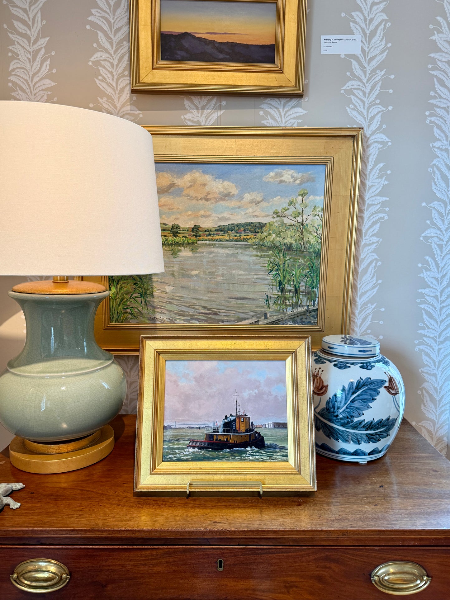 Anthony R. Thompson Harbor Traffic Philadelphia Tugboat Oil Painting in Gold Frame