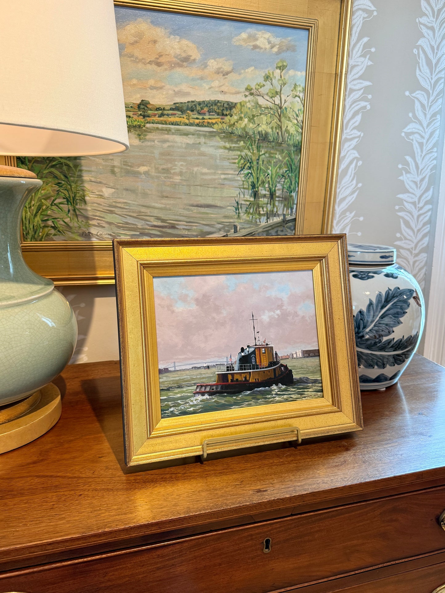 Anthony R. Thompson Harbor Traffic Philadelphia Tugboat Oil Painting in Gold Frame