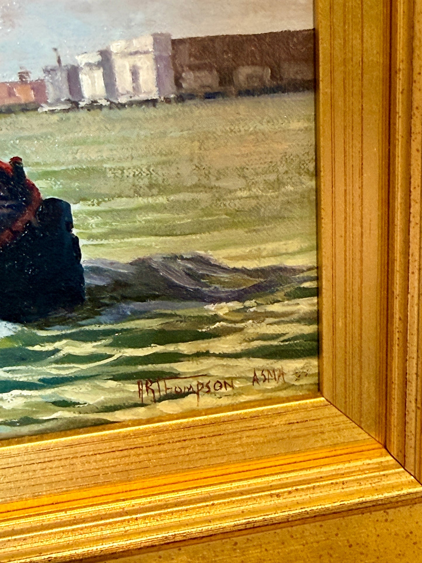 Anthony R. Thompson Harbor Traffic Philadelphia Tugboat Oil Painting in Gold Frame
