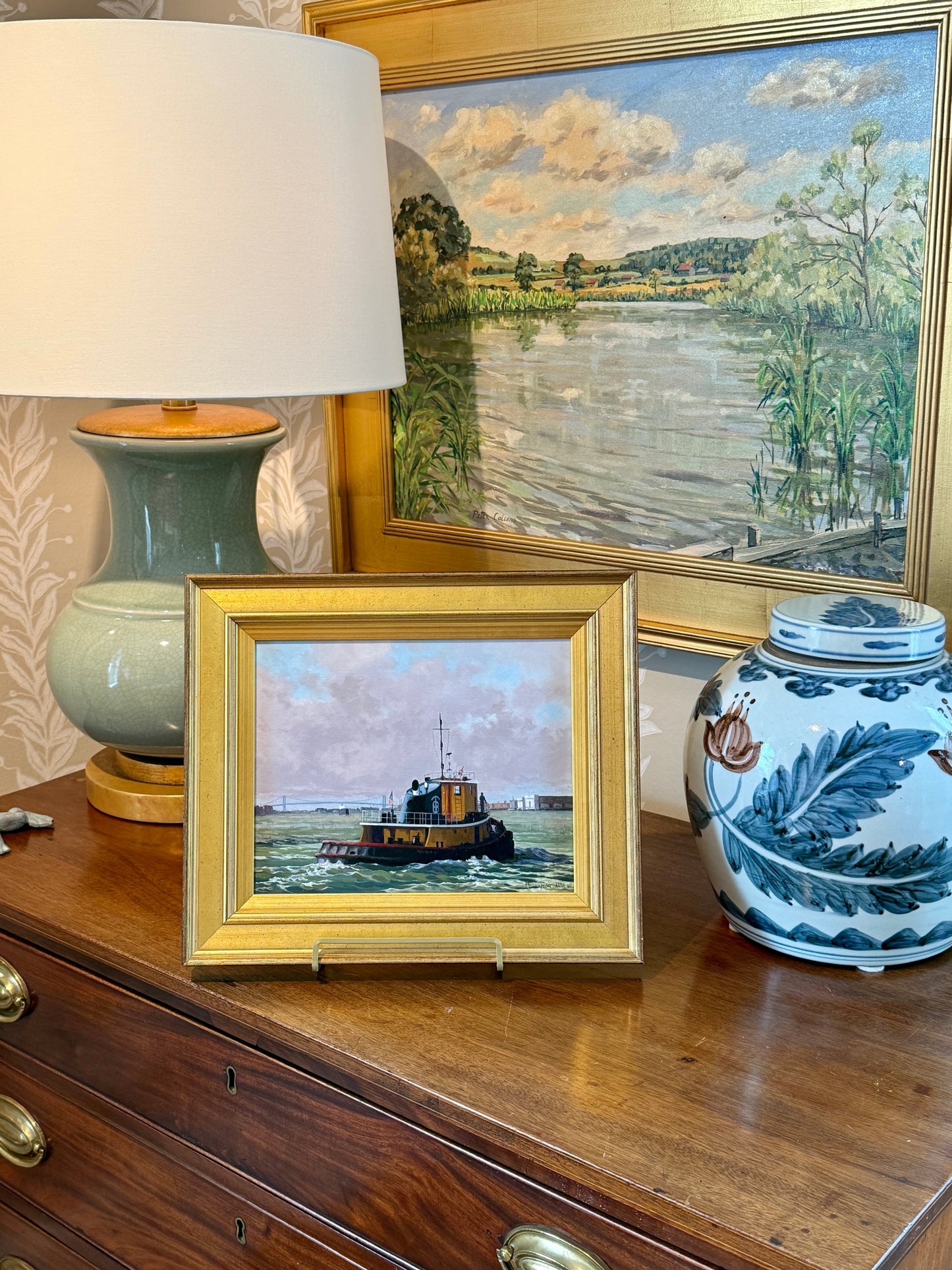 Anthony R. Thompson Harbor Traffic Philadelphia Tugboat Oil Painting in Gold Frame