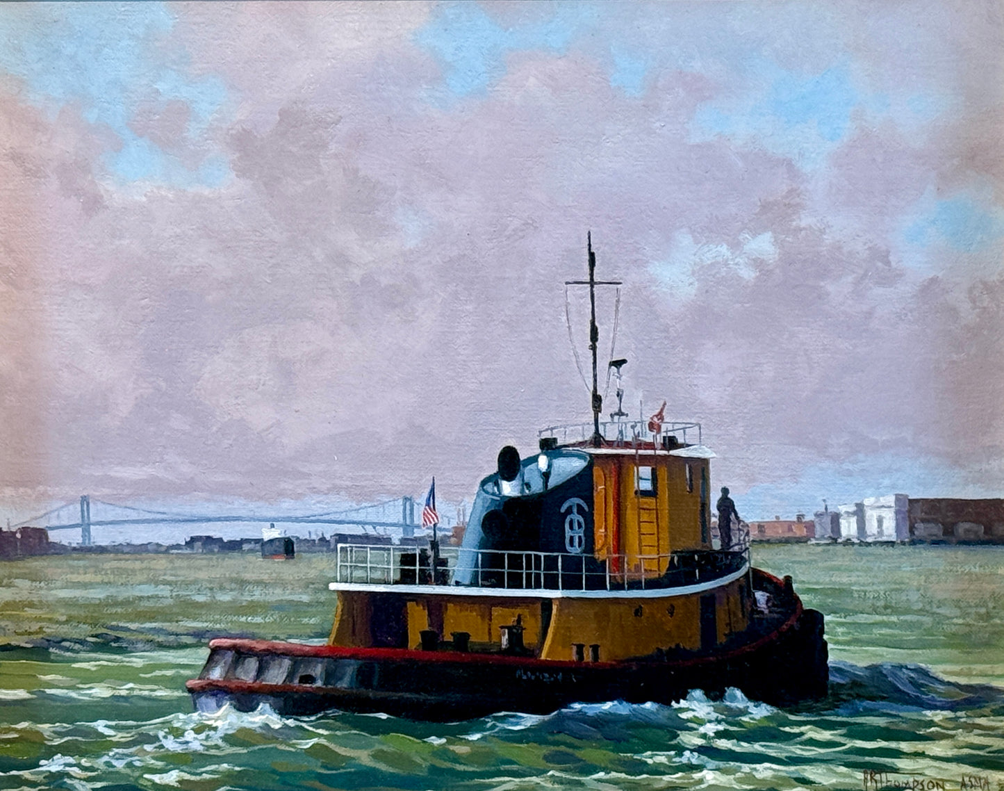 Anthony R. Thompson Harbor Traffic Philadelphia Tugboat Oil Painting in Gold Frame