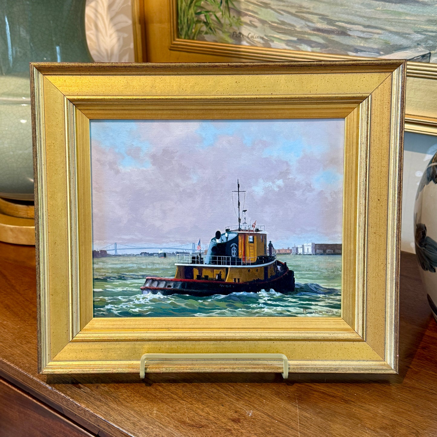 Anthony R. Thompson Harbor Traffic Philadelphia Tugboat Oil Painting in Gold Frame