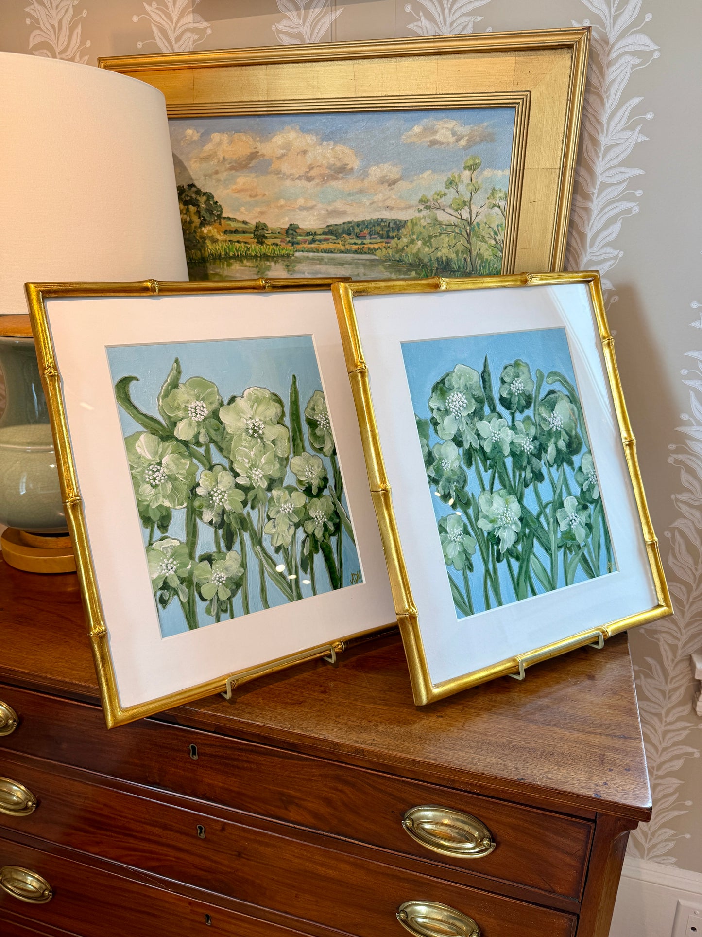 Alison Diamond McElroy Green Interval II Abstract Floral Painting in Gold Bamboo Frame
