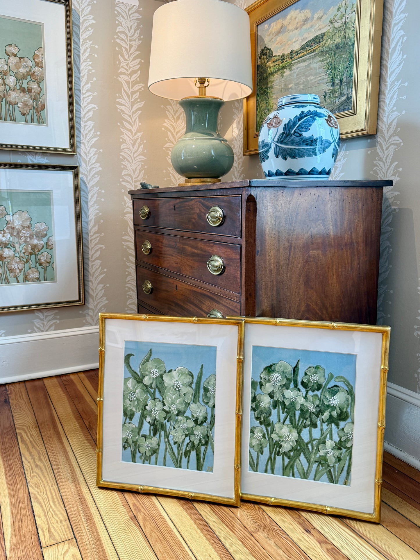 Alison Diamond McElroy Green Interval II Abstract Floral Painting in Gold Bamboo Frame