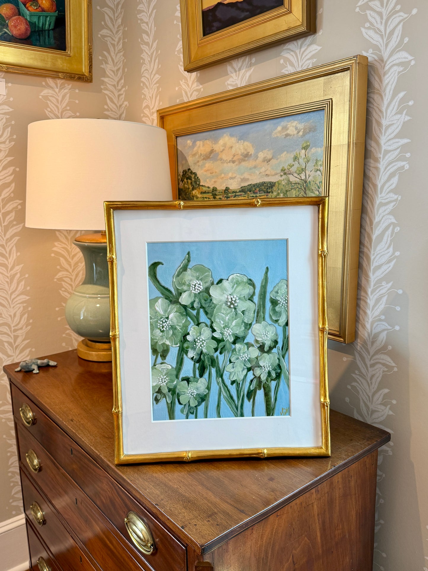 Alison Diamond McElroy Green Interval II Abstract Floral Painting in Gold Bamboo Frame