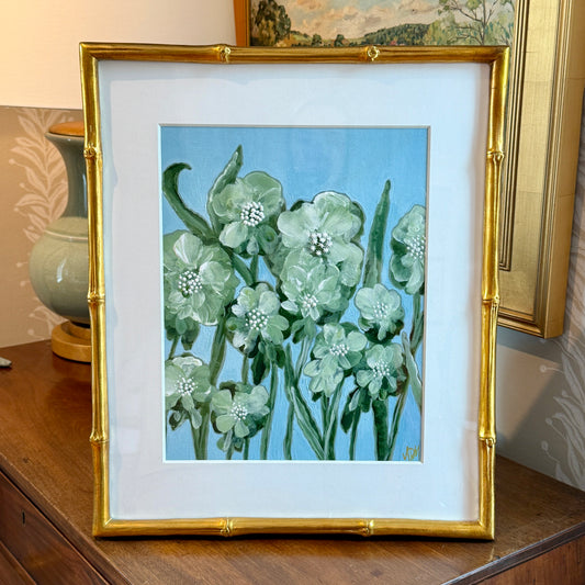 Alison Diamond McElroy Green Interval II Abstract Floral Painting in Gold Bamboo Frame