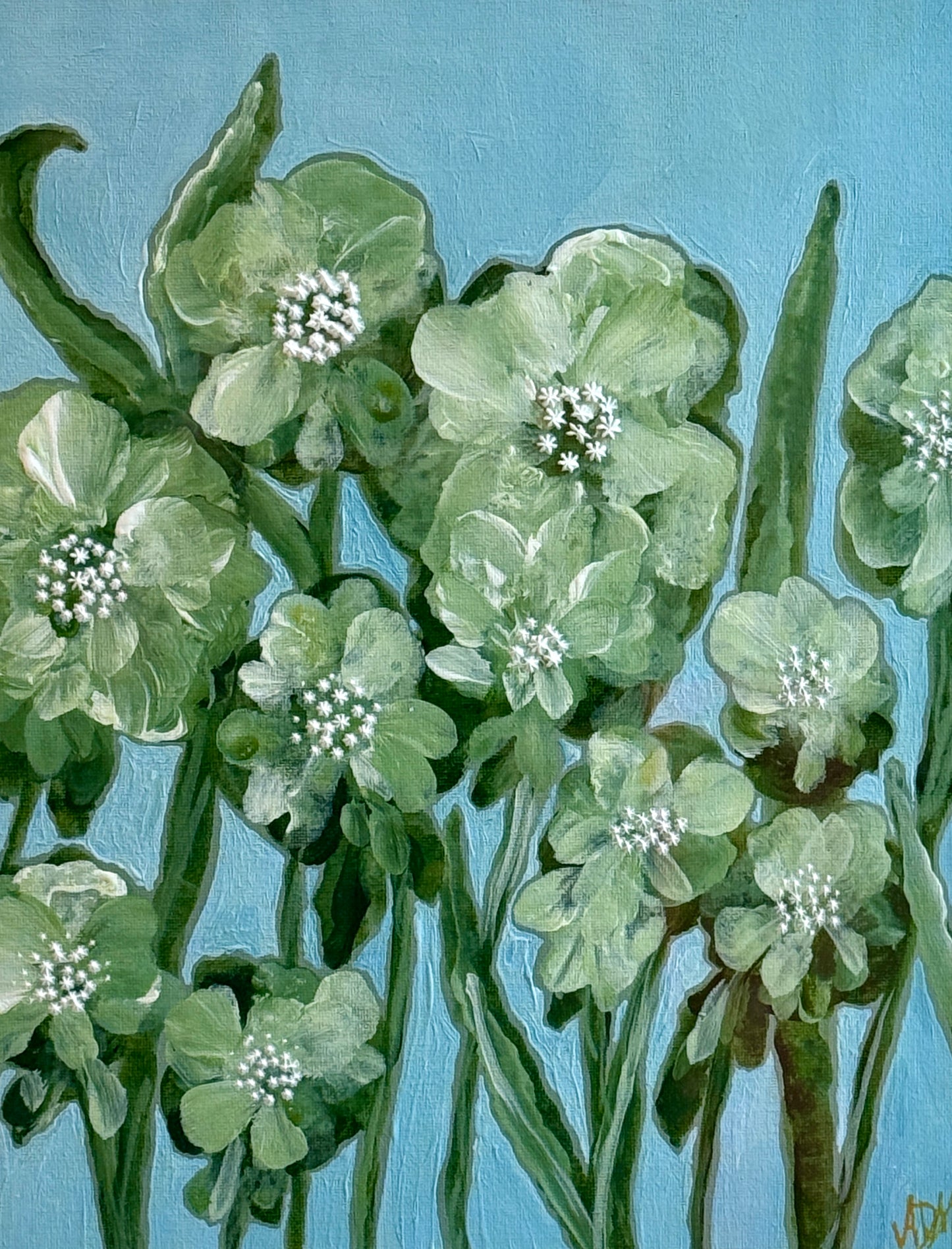 Alison Diamond McElroy Green Interval II Abstract Floral Painting in Gold Bamboo Frame