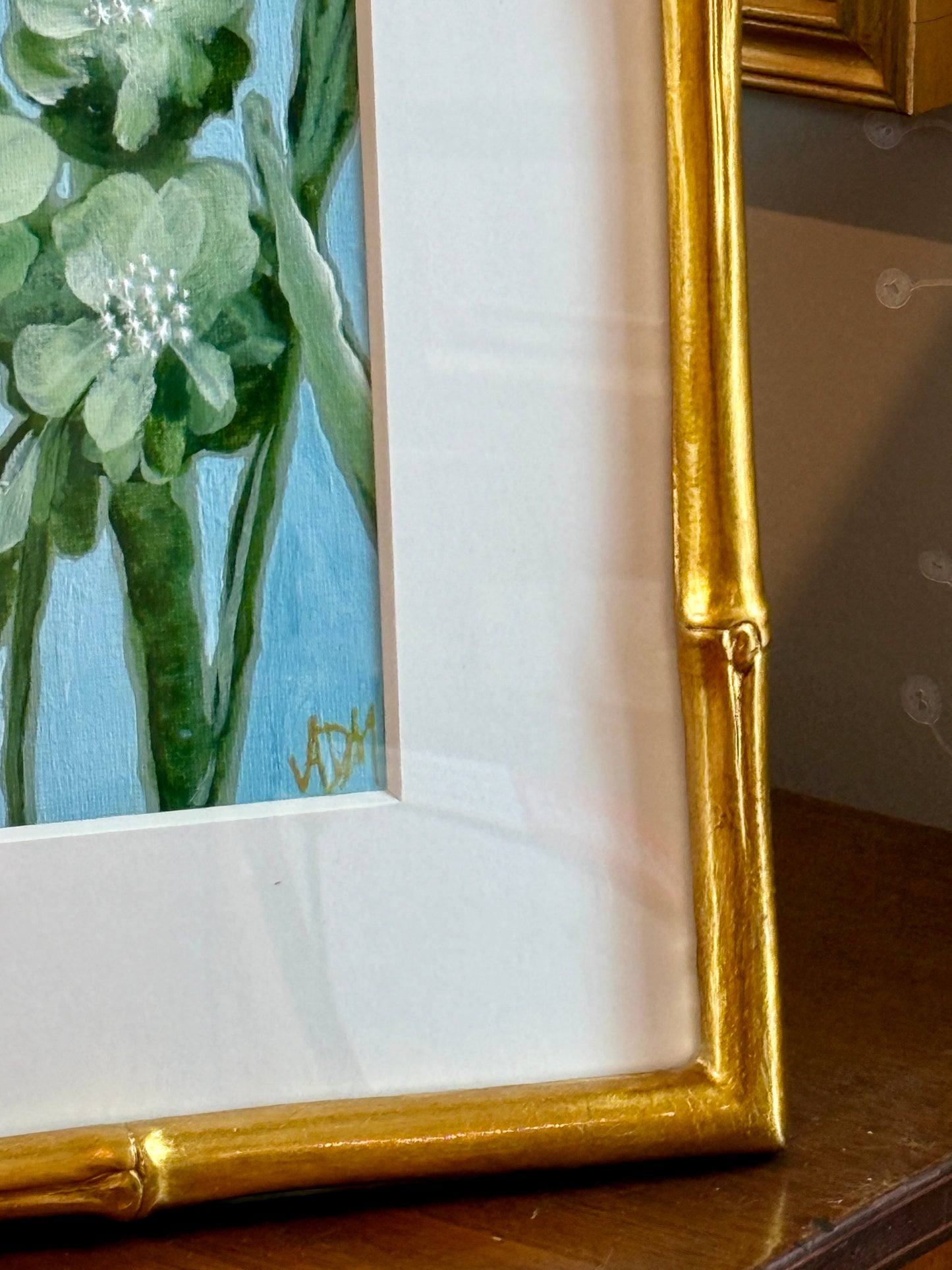 Alison Diamond McElroy Green Interval II Abstract Floral Painting in Gold Bamboo Frame