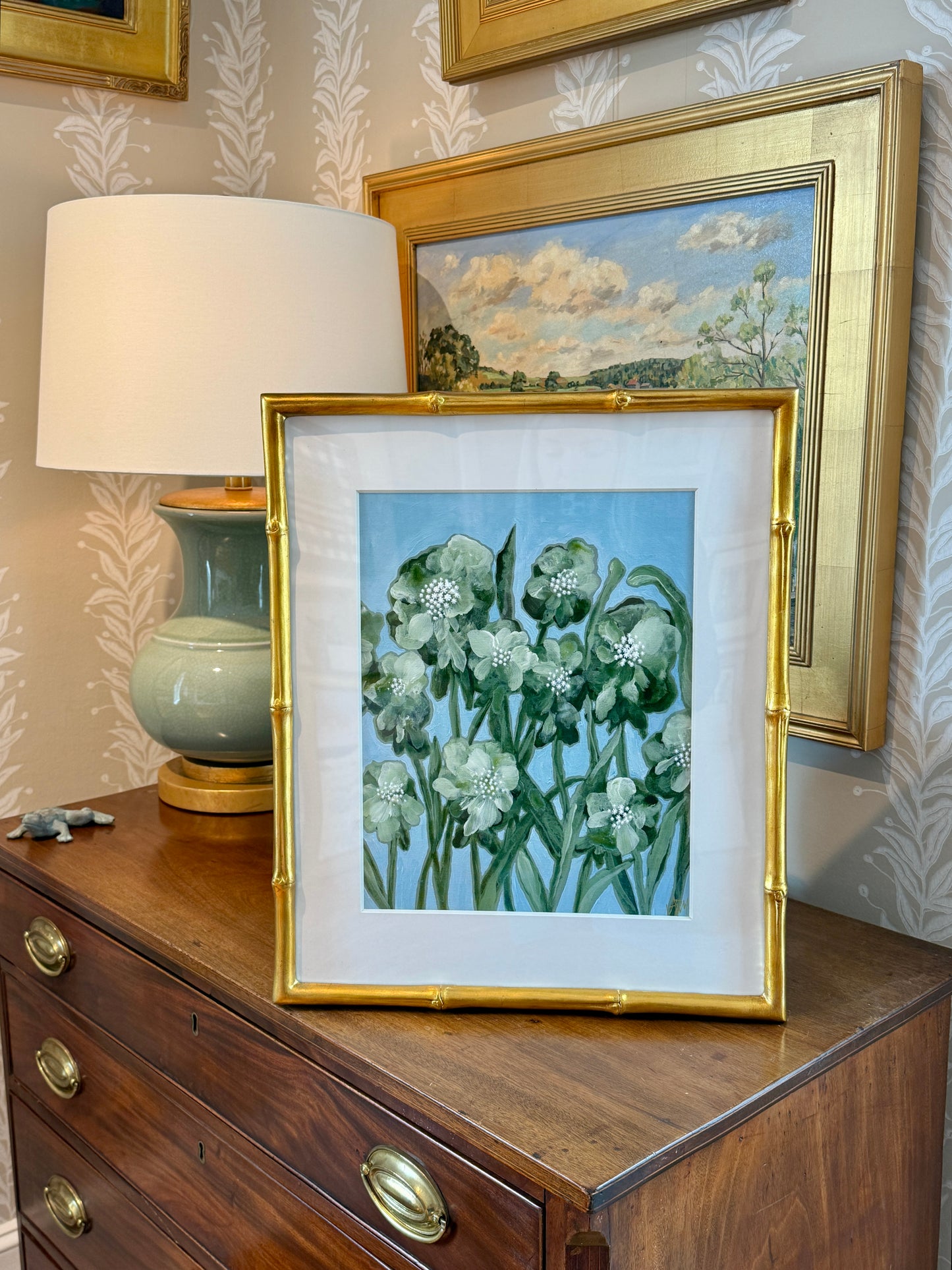 Alison Diamond McElroy Green Interval I Abstract Floral Painting in Gold Bamboo Frame