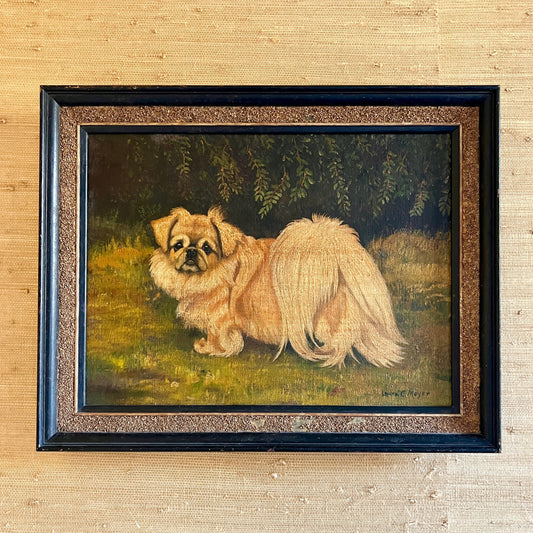 Mid Century Laura G. Meyer Portrait Oil Painting of a Pekingese Dog, Puffy