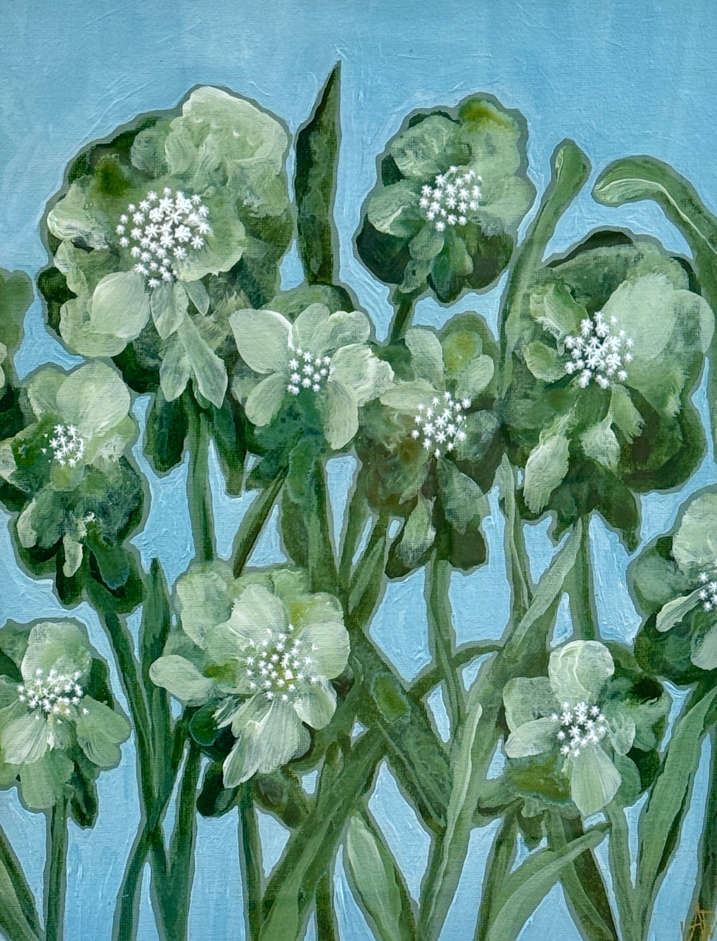 Alison Diamond McElroy Green Interval I Abstract Floral Painting in Gold Bamboo Frame