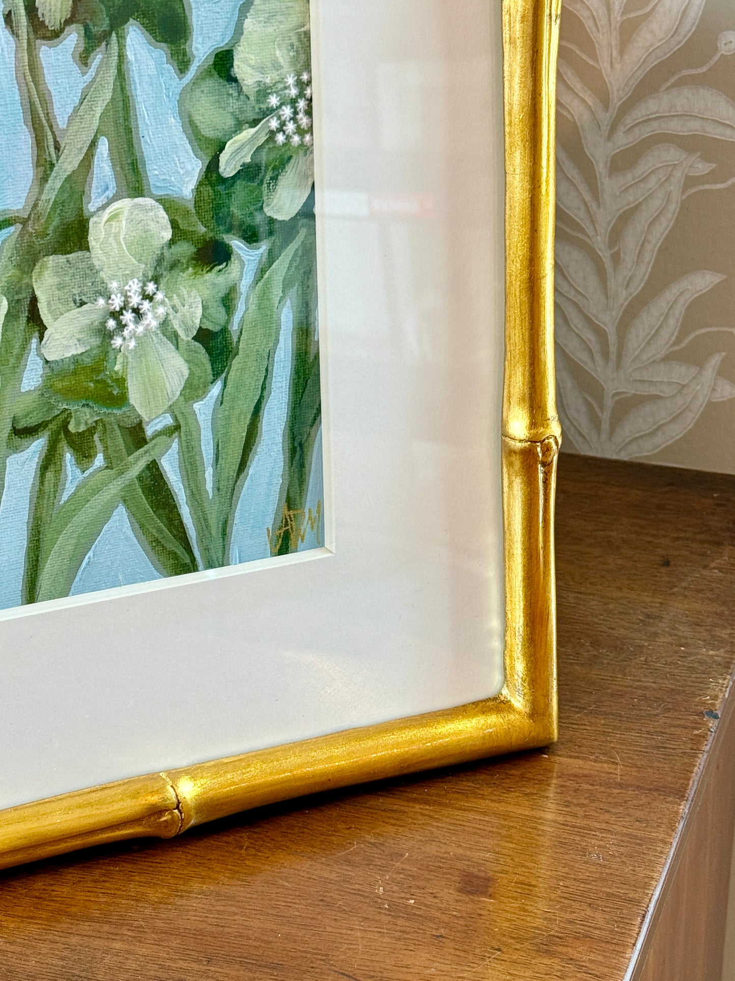 Alison Diamond McElroy Green Interval I Abstract Floral Painting in Gold Bamboo Frame