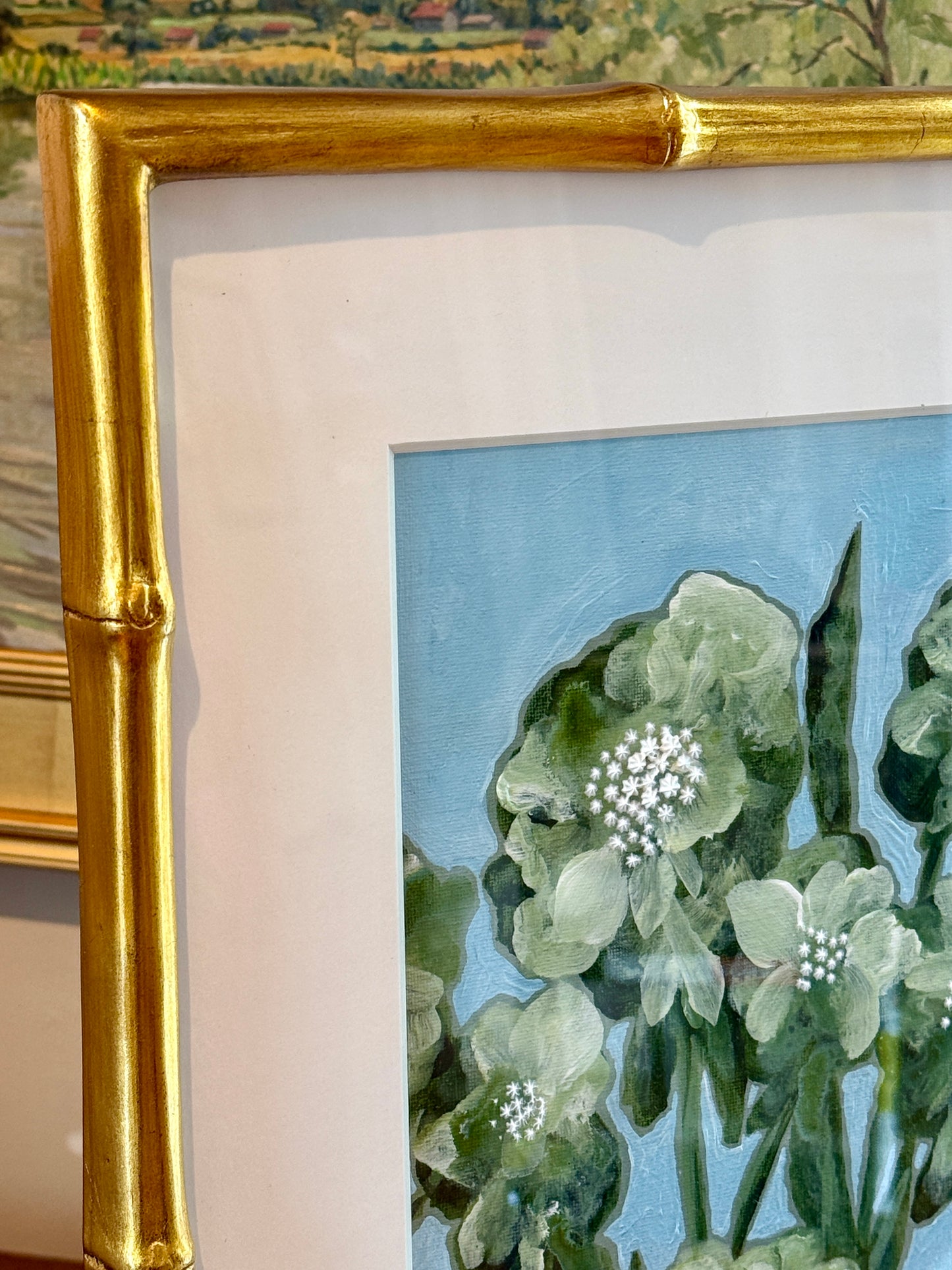 Alison Diamond McElroy Green Interval I Abstract Floral Painting in Gold Bamboo Frame
