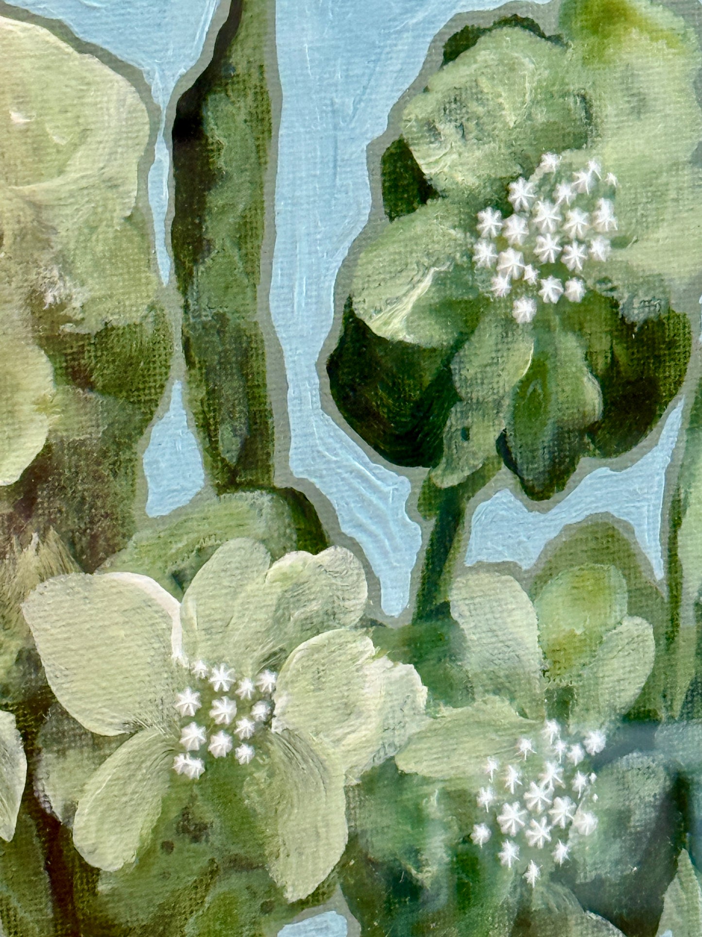 Alison Diamond McElroy Green Interval I Abstract Floral Painting in Gold Bamboo Frame