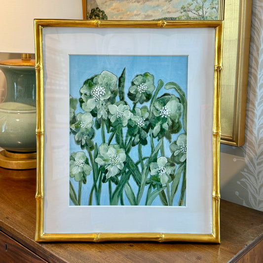 Alison Diamond McElroy Green Interval I Abstract Floral Painting in Gold Bamboo Frame