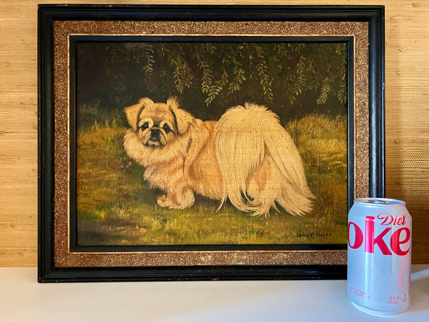 Mid Century Laura G. Meyer Portrait Oil Painting of a Pekingese Dog, Puffy