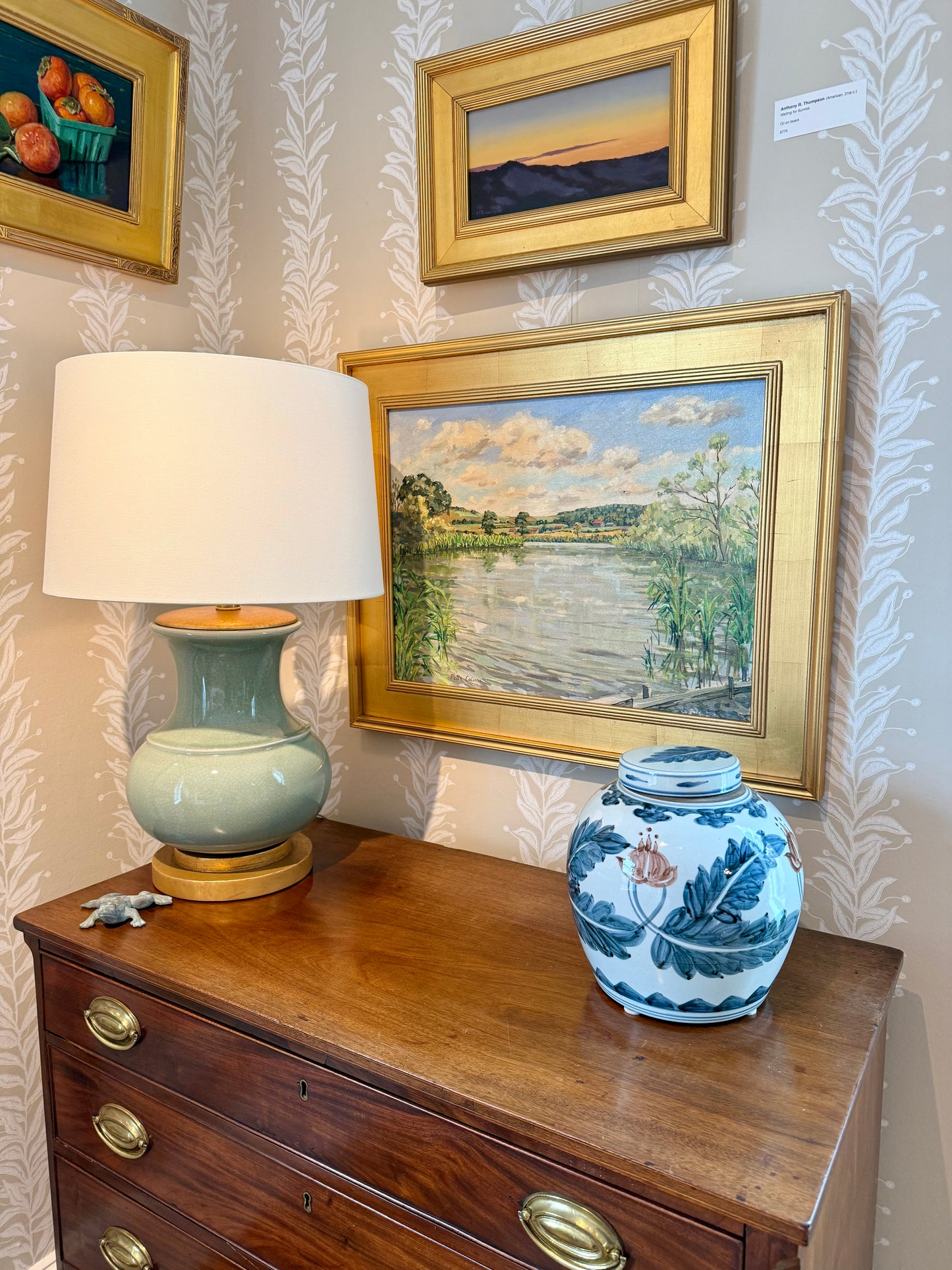 Peter Collens Patching Pond London England Spring Landscape Oil Painting in Gold Frame
