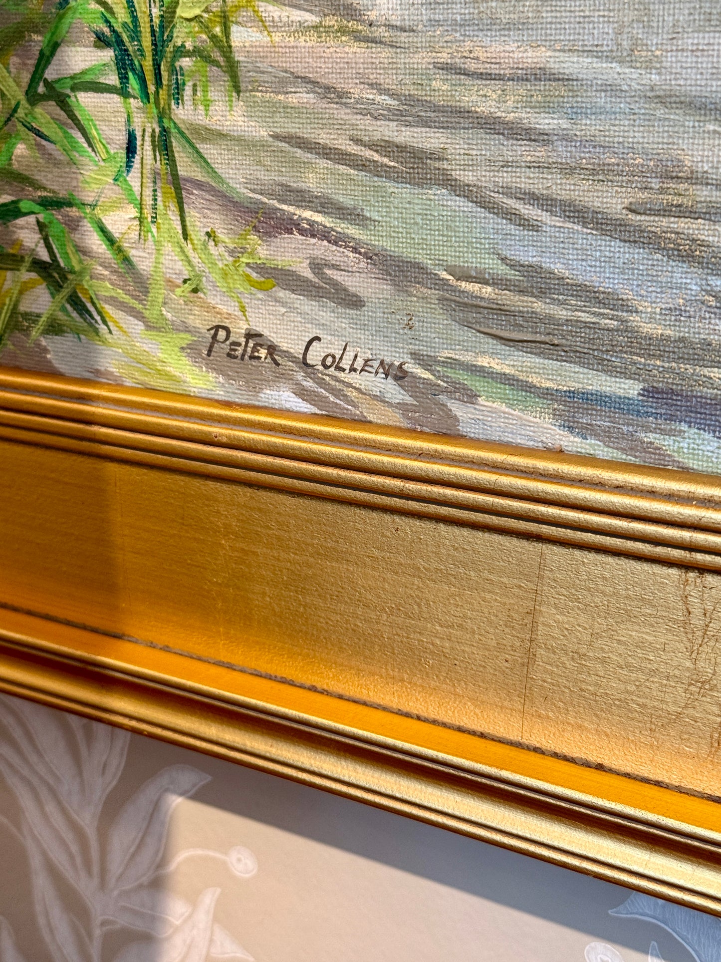 Peter Collens Patching Pond London England Spring Landscape Oil Painting in Gold Frame