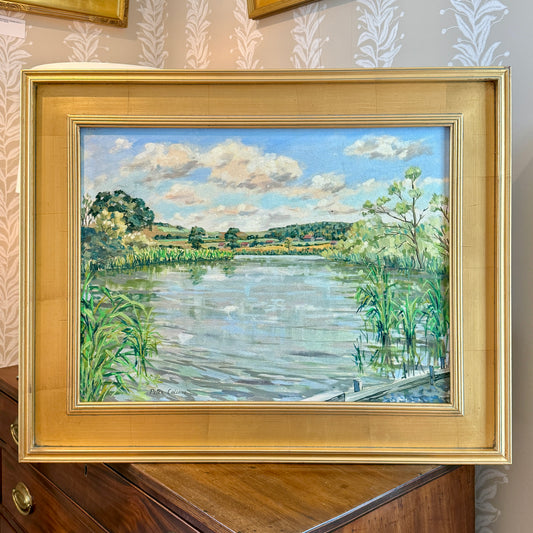 Peter Collens Patching Pond London England Spring Landscape Oil Painting in Gold Frame