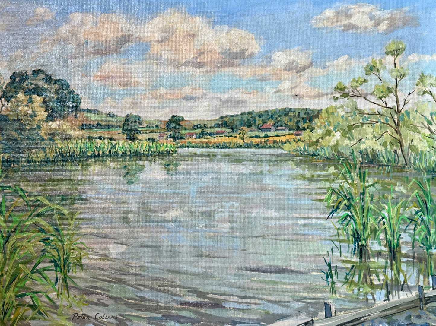 Peter Collens Patching Pond London England Spring Landscape Oil Painting in Gold Frame