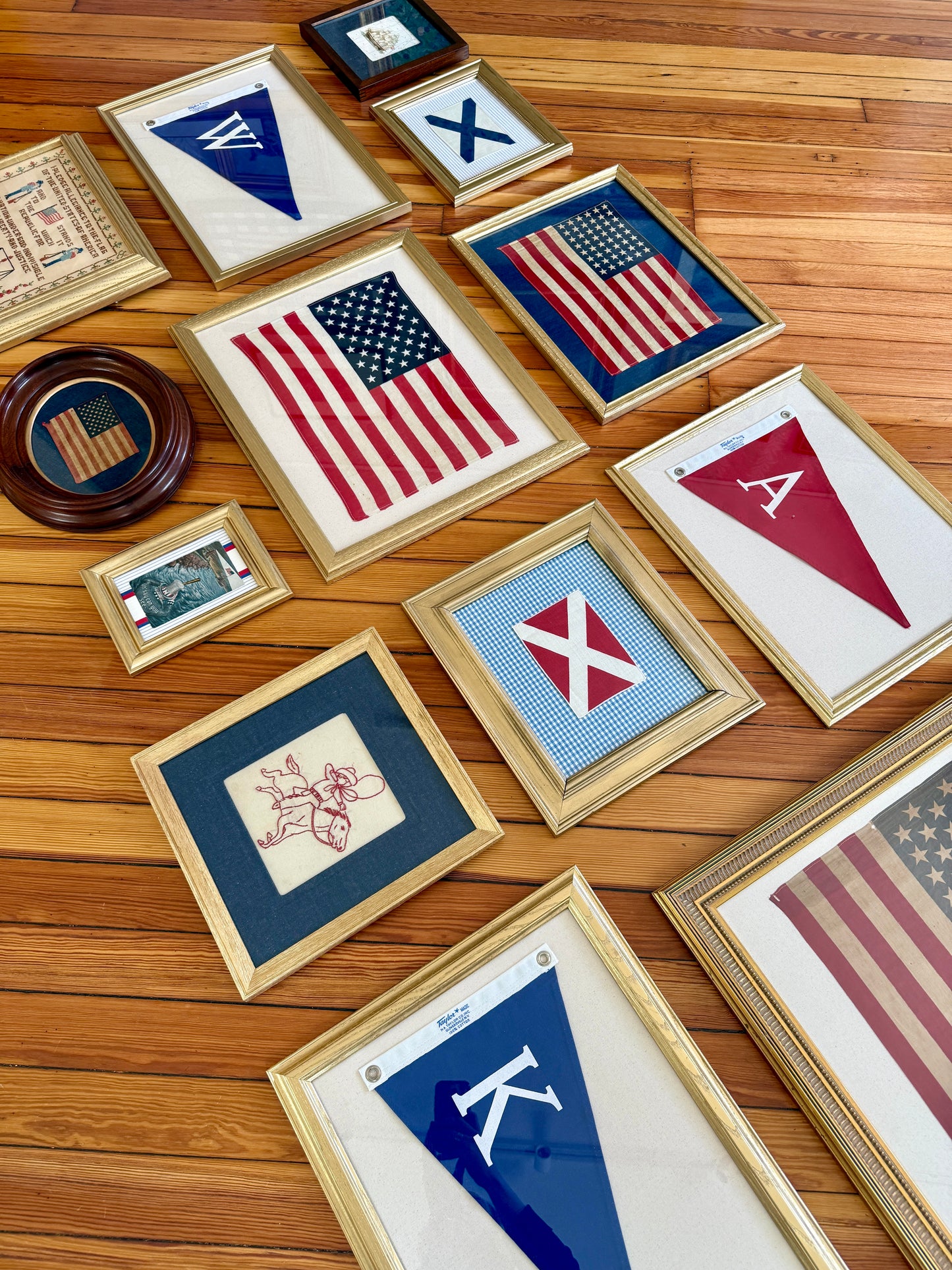 Vintage 48 Star American Flag on Dark Chambray in Antique Gold Frame