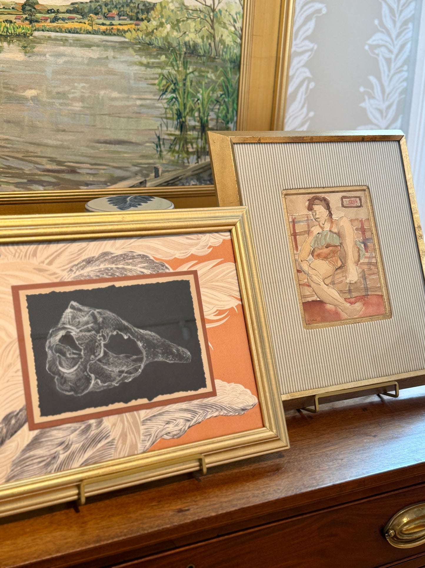 Conch Shell Study Drawing on Vintage Chintz Fabric in Gold Frame
