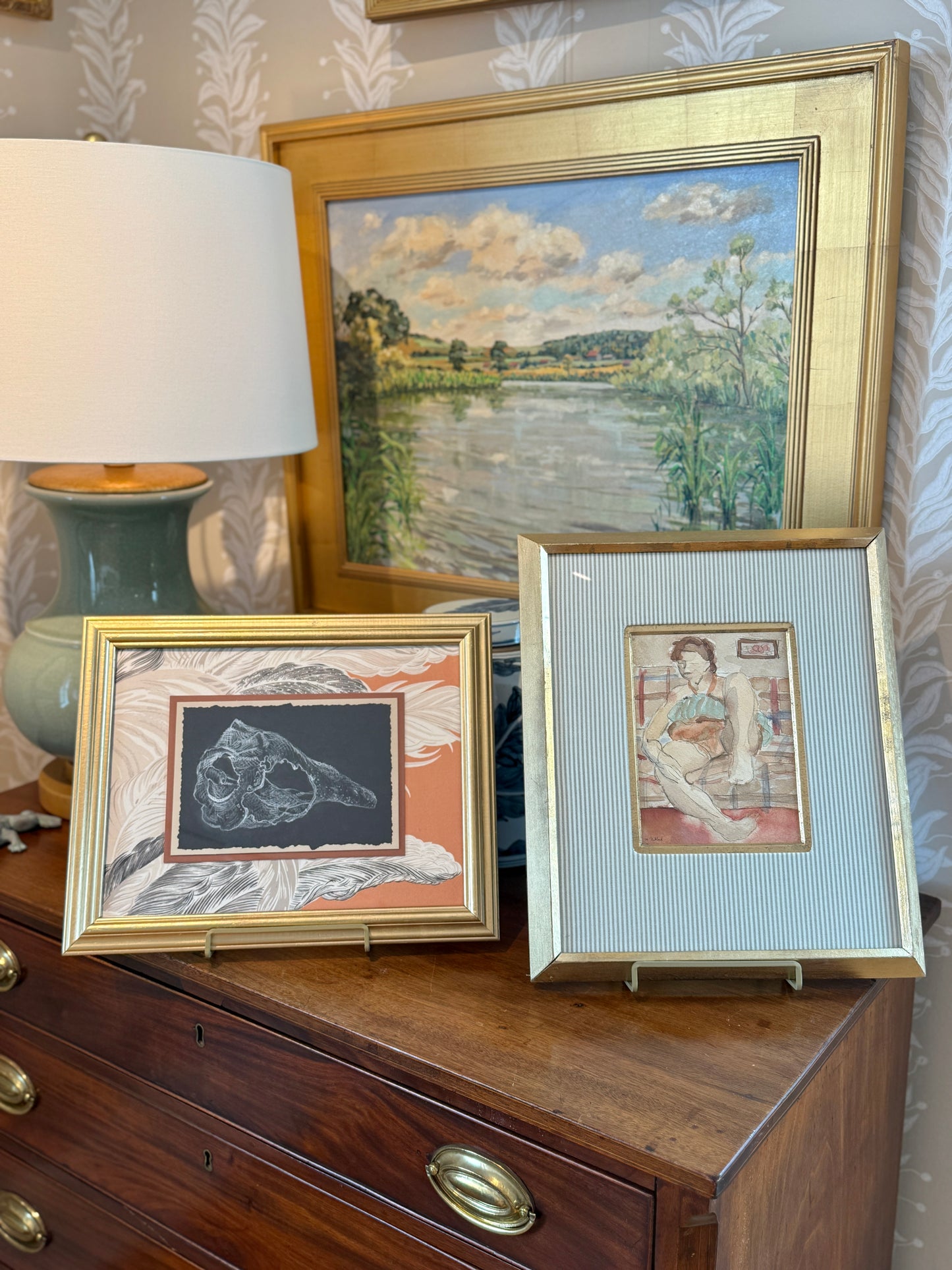 Conch Shell Study Drawing on Vintage Chintz Fabric in Gold Frame
