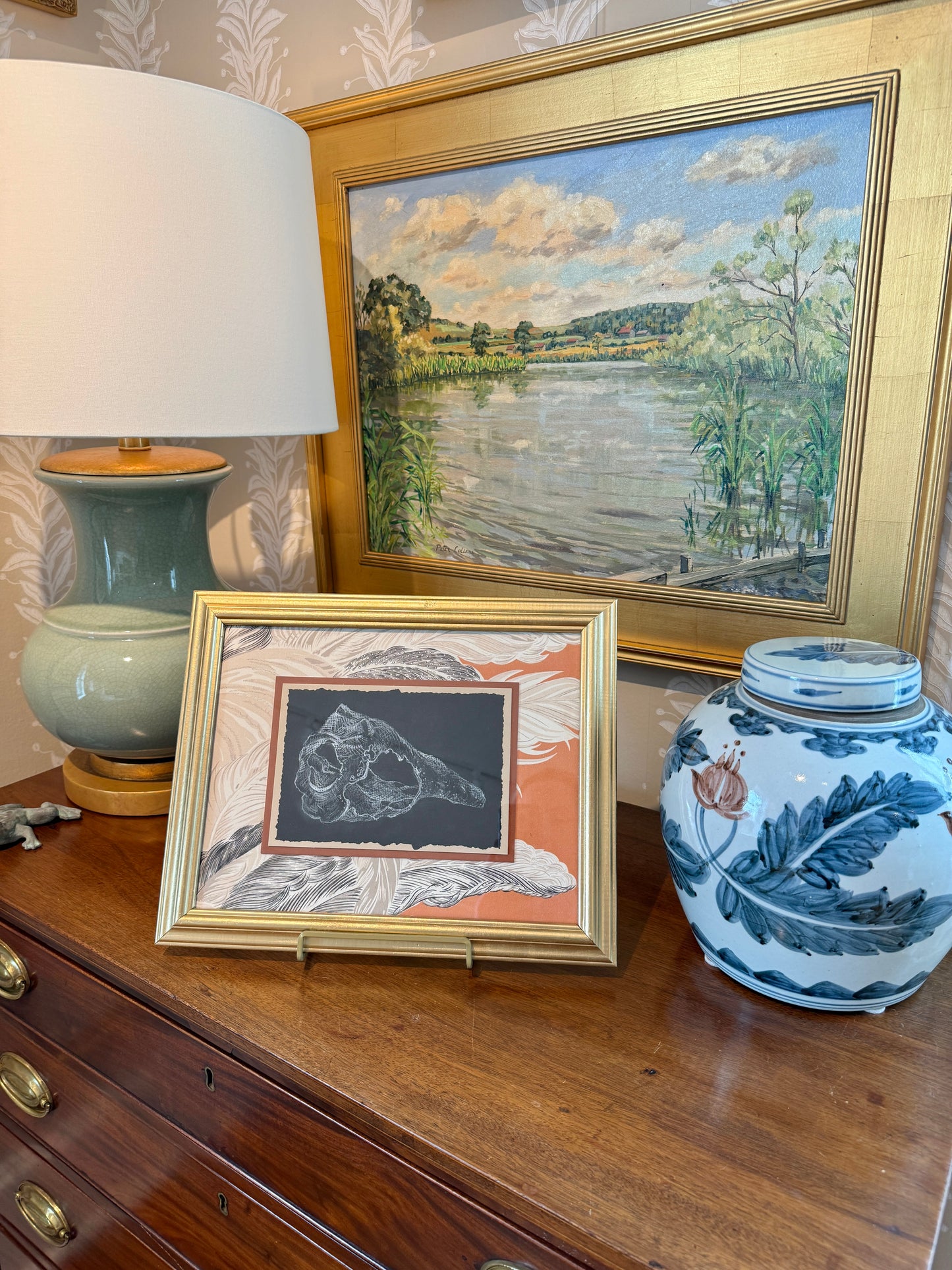 Conch Shell Study Drawing on Vintage Chintz Fabric in Gold Frame