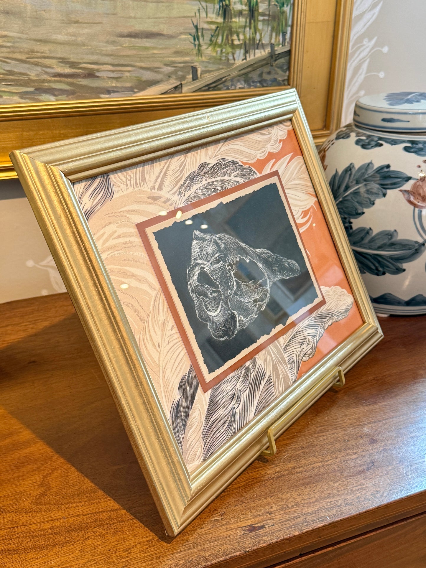 Conch Shell Study Drawing on Vintage Chintz Fabric in Gold Frame