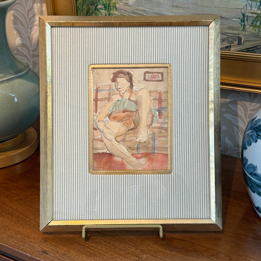 Vintage Moment of Peace Female Portrait Watercolor Painting on Taupe Ticking Stripes in Gold Frame