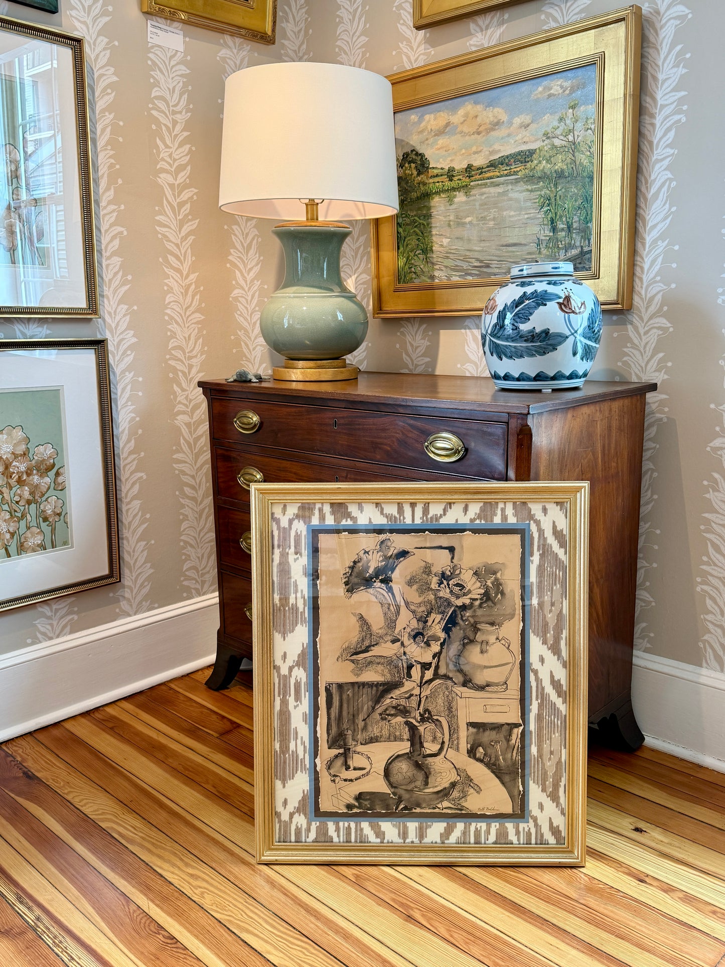 Ruth Bunny Baldwin Floral Mixed Media Still Life on Ikat Cowtan and Tout Fabric in Gold Frame