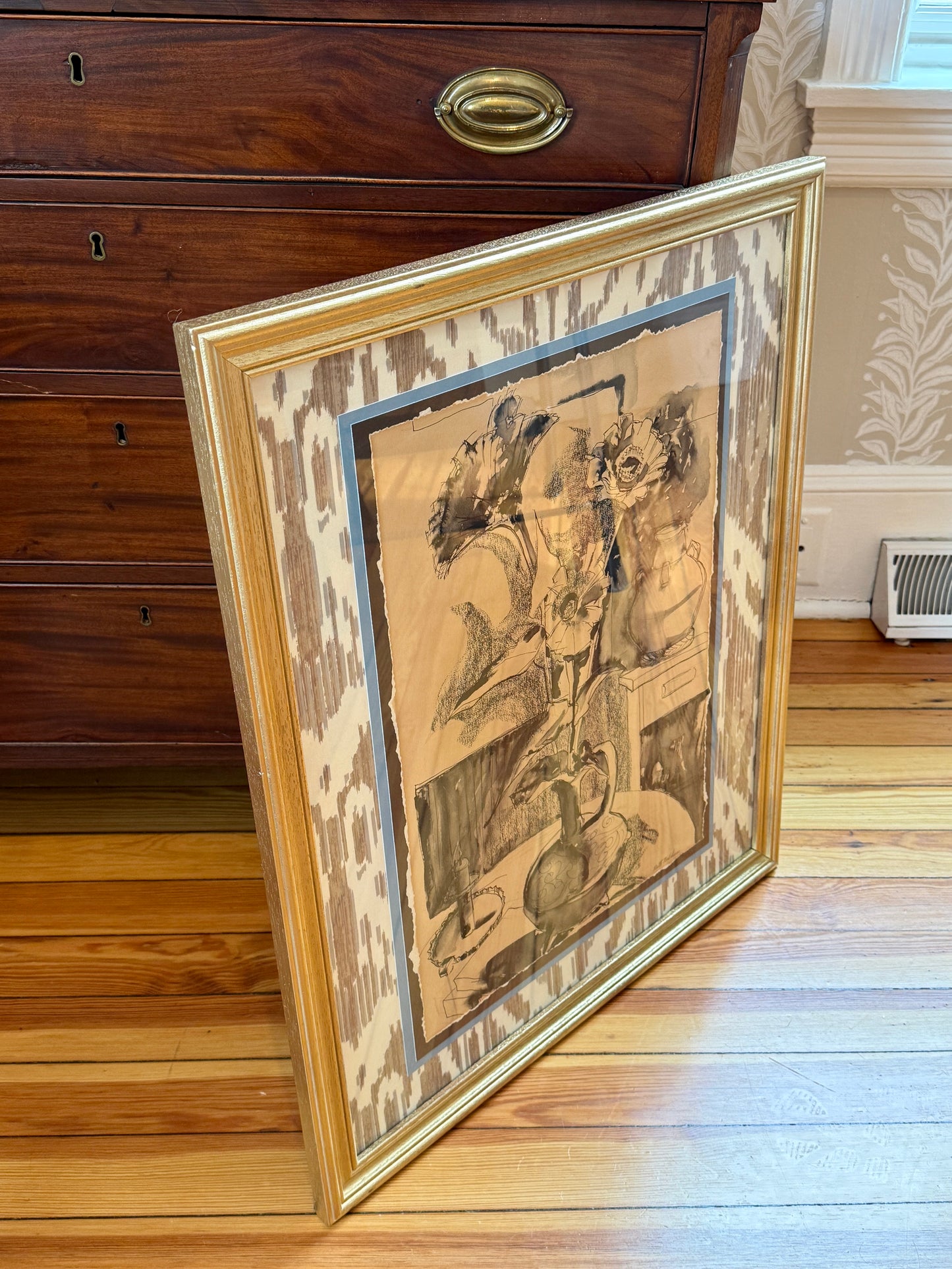 Ruth Bunny Baldwin Floral Mixed Media Still Life on Ikat Cowtan and Tout Fabric in Gold Frame