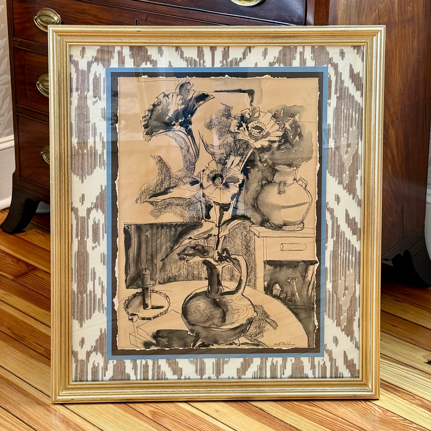 Ruth Bunny Baldwin Floral Mixed Media Still Life on Ikat Cowtan and Tout Fabric in Gold Frame