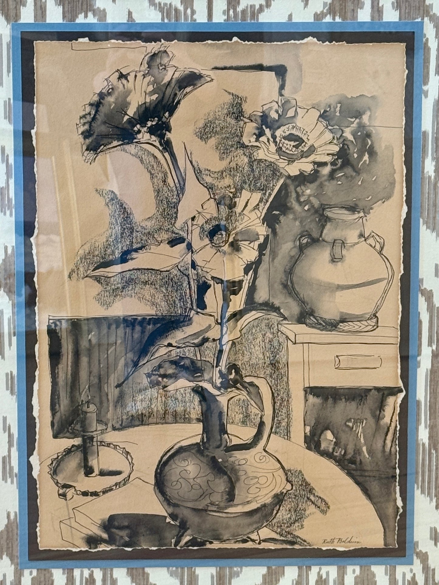 Ruth Bunny Baldwin Floral Mixed Media Still Life on Ikat Cowtan and Tout Fabric in Gold Frame