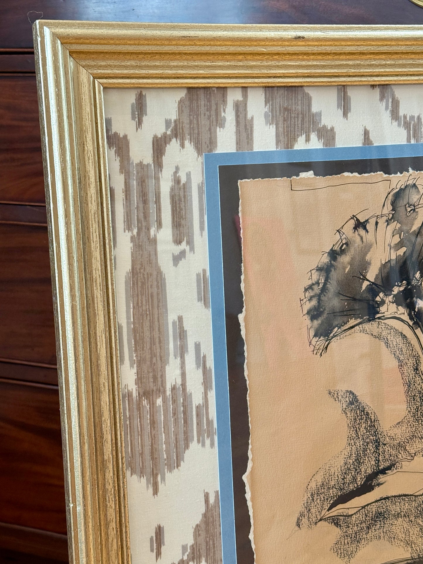 Ruth Bunny Baldwin Floral Mixed Media Still Life on Ikat Cowtan and Tout Fabric in Gold Frame