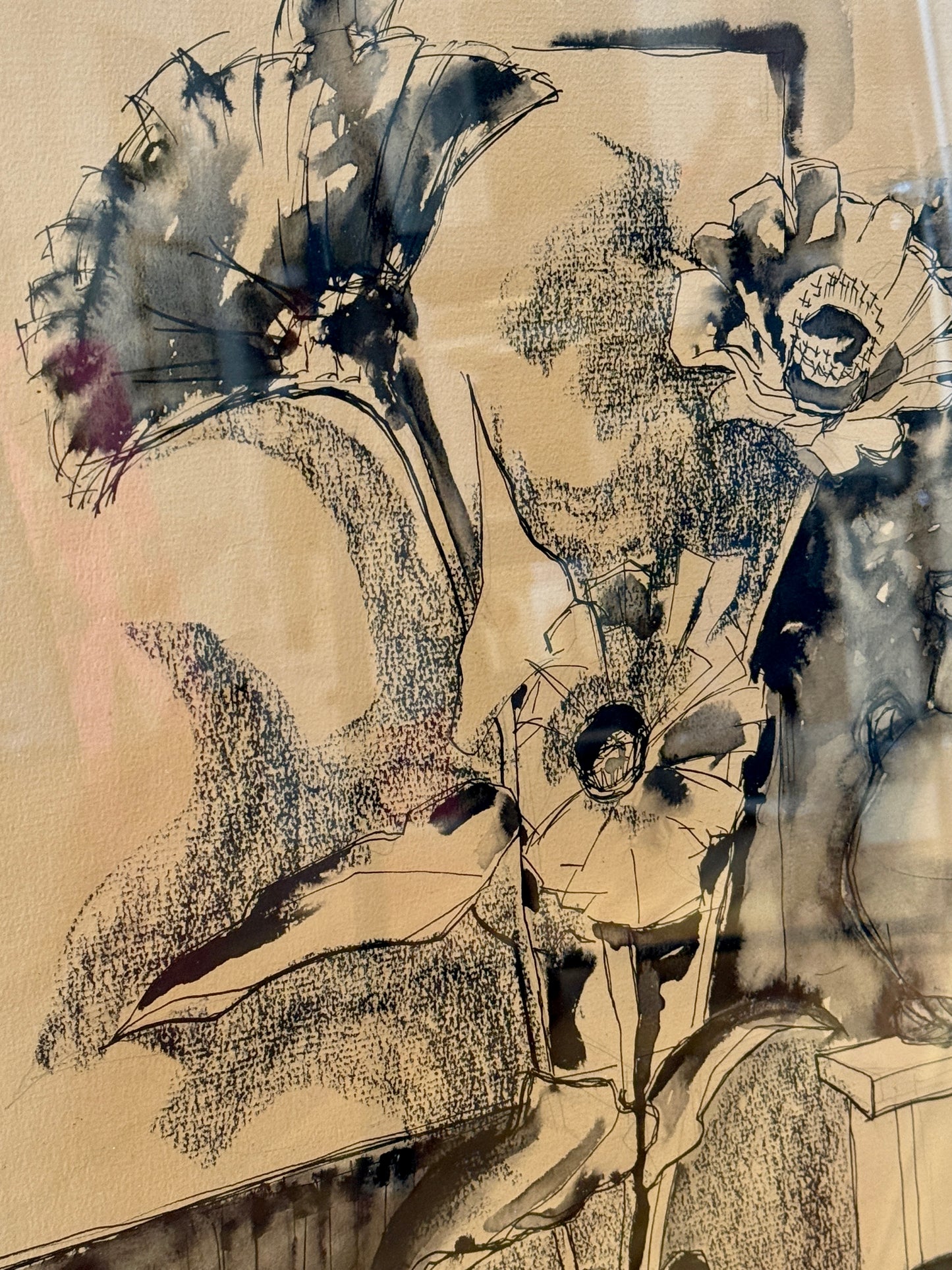 Ruth Bunny Baldwin Floral Mixed Media Still Life on Ikat Cowtan and Tout Fabric in Gold Frame