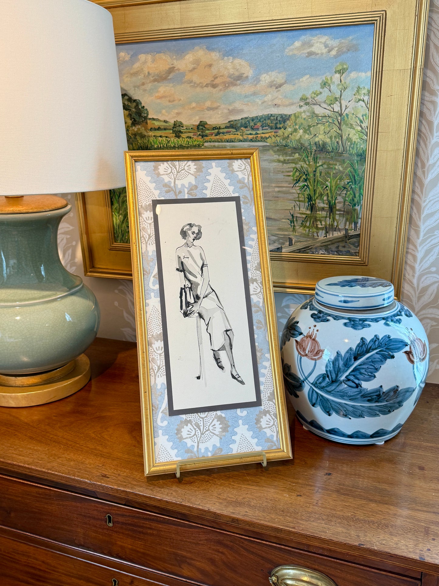 Catherine Figart Vogue Watercolor Fashion Illustration on Anna French Fabric in Gold Frame